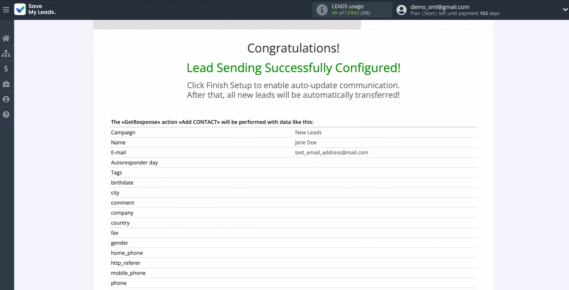 Preview of the data that will be transferred to GetResponse