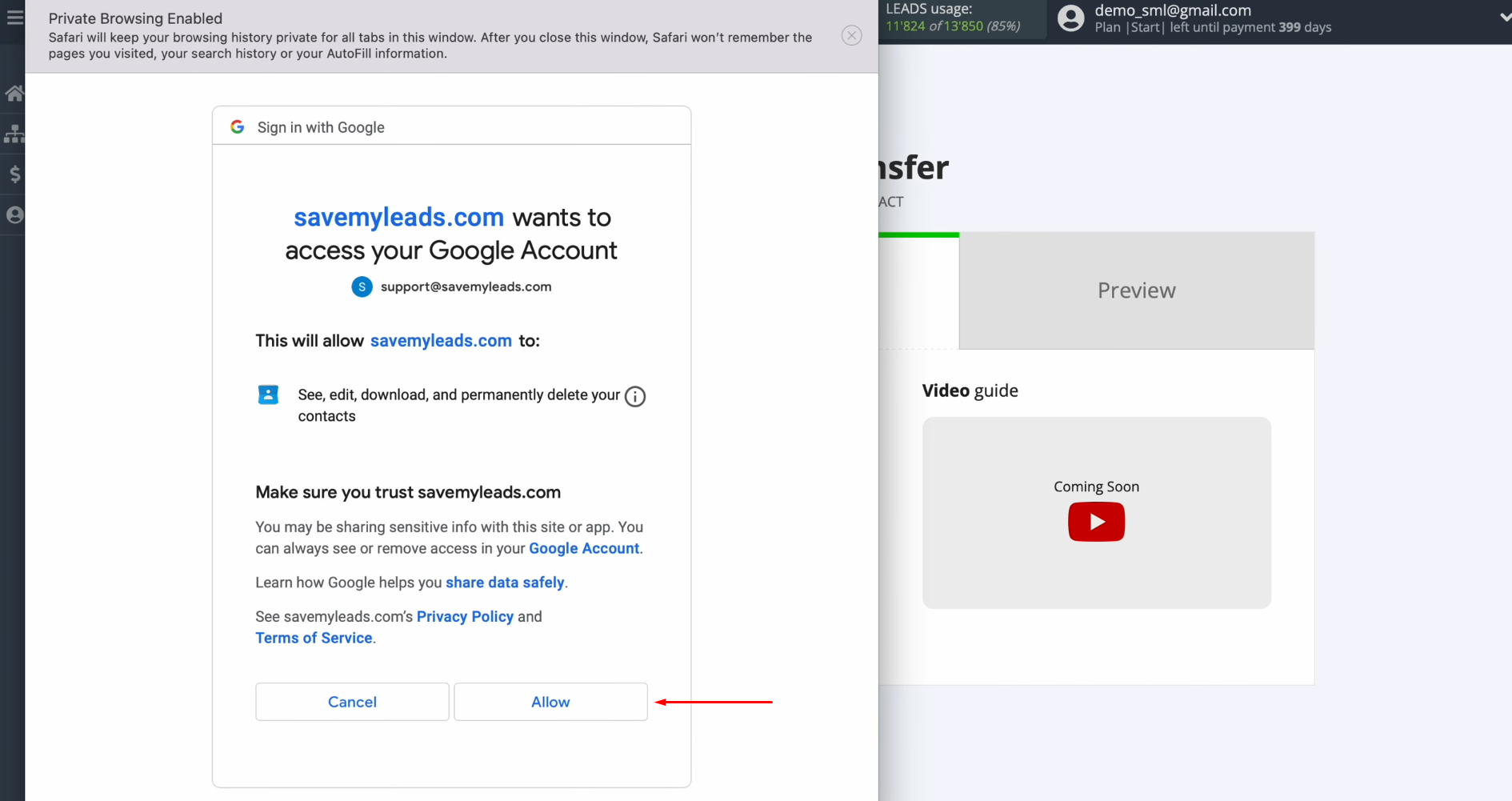 Grant SaveMyLeads permission to work with your Google account Grant SaveMyLeads permission to work with your Google account