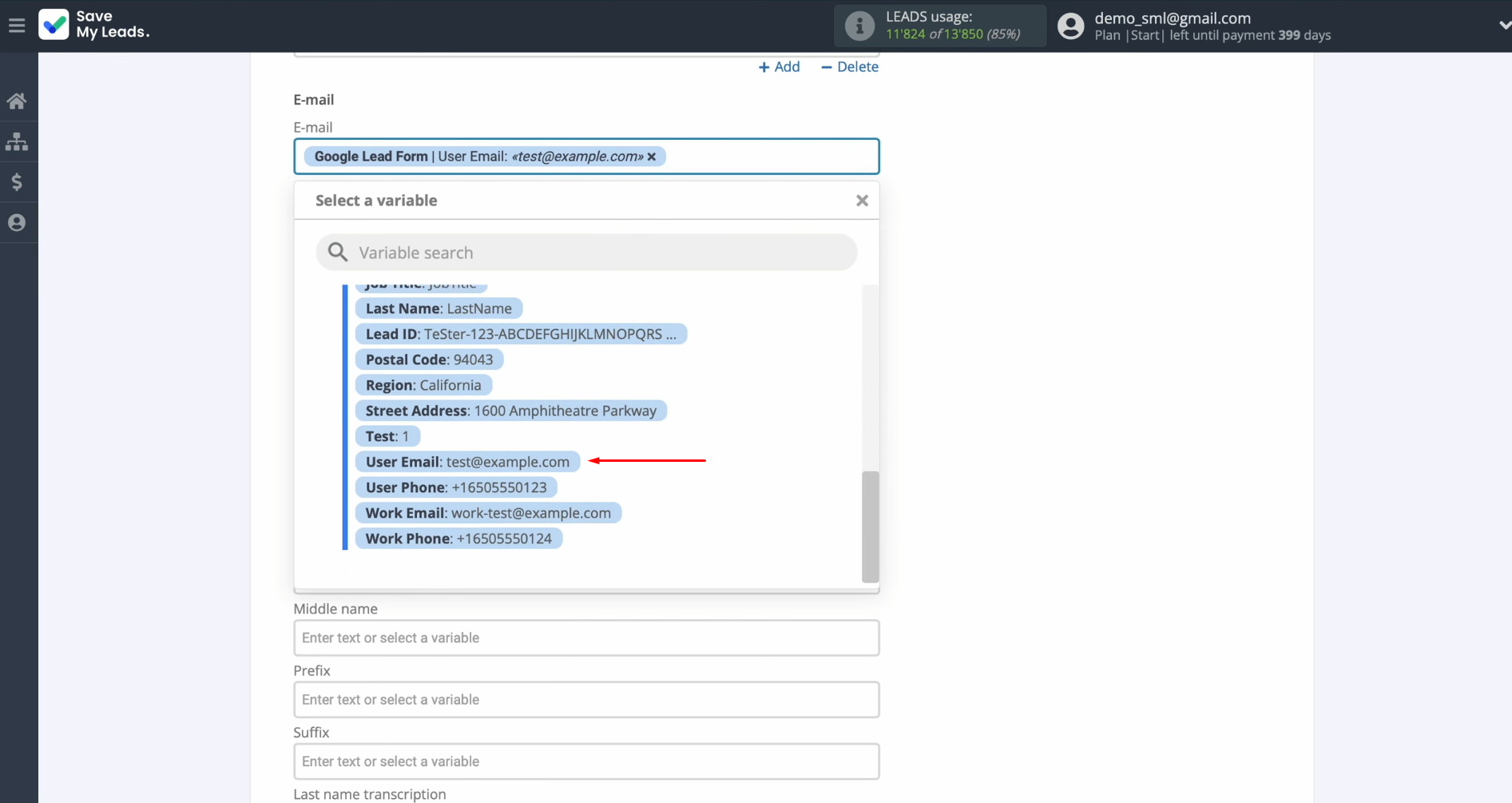 Assign the Google Lead Form variables to the appropriate Google Contacts fields Assign the Google Lead Form variables to the appropriate Google Contacts fields
