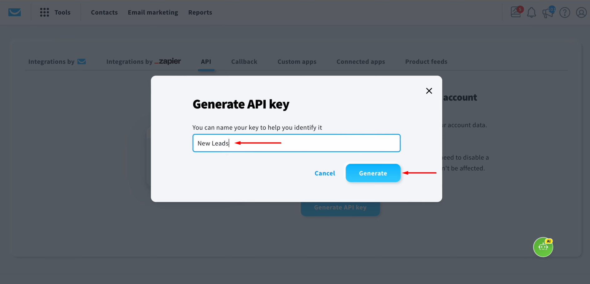 Specify a name for the new key and click Generate