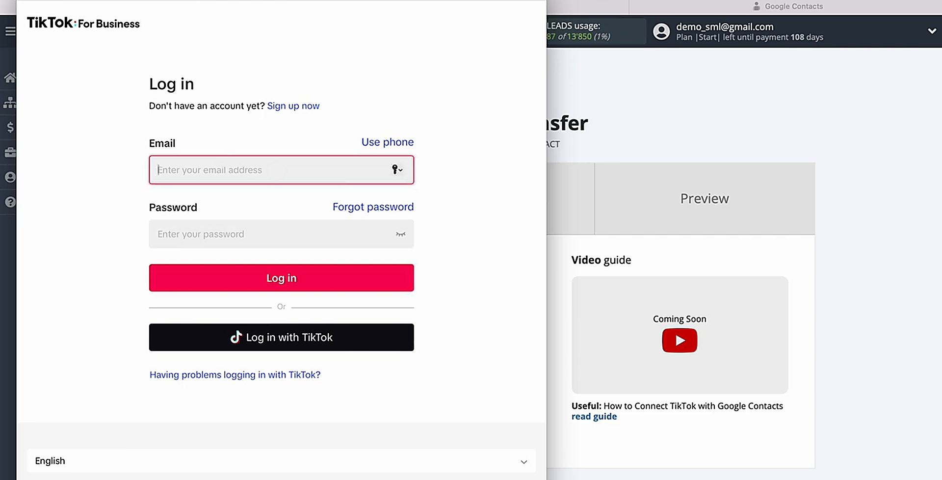 Enter the login and password for your TikTok account