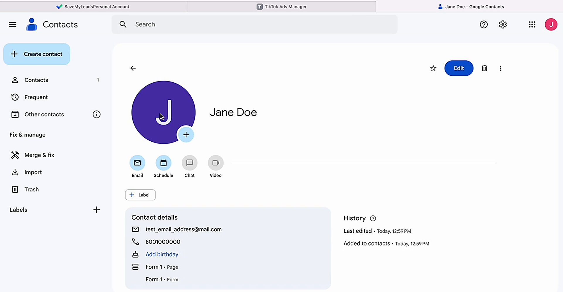 Verify that the contact was created correctly