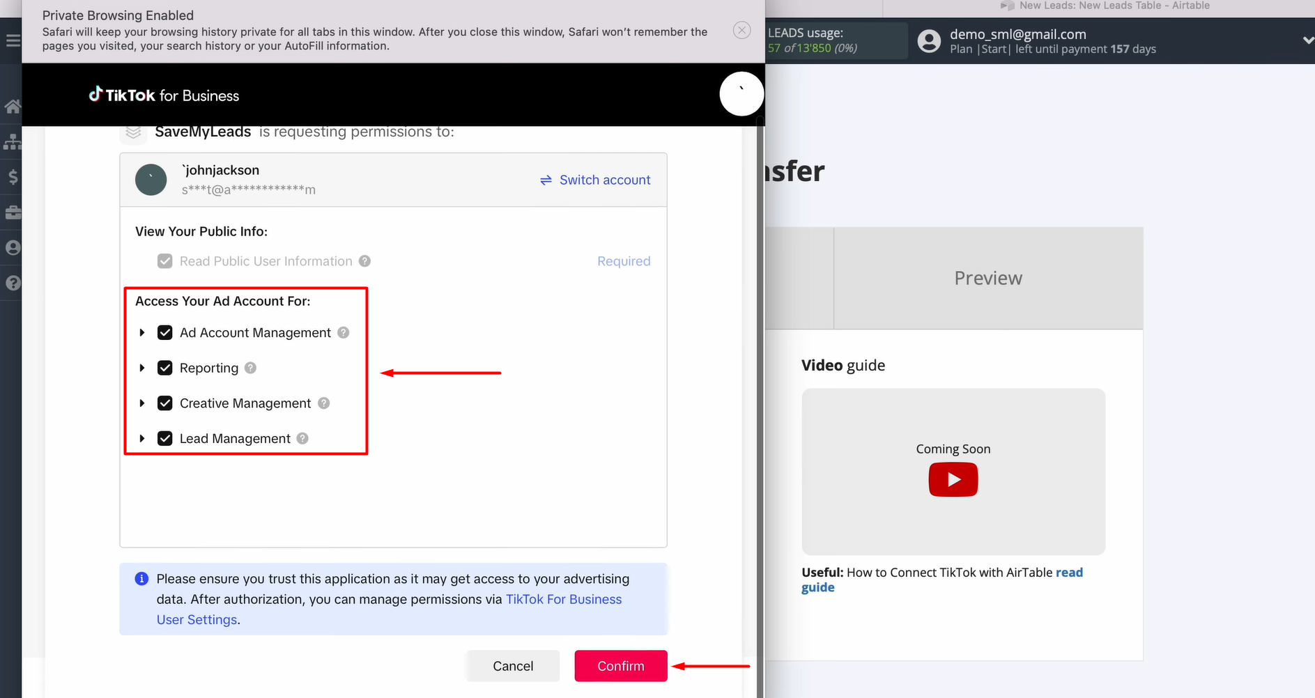 Make sure all access checkboxes are turned on Make sure all access checkboxes are turned on