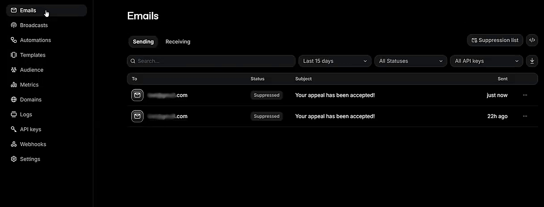 Result of the data transfer to Resend