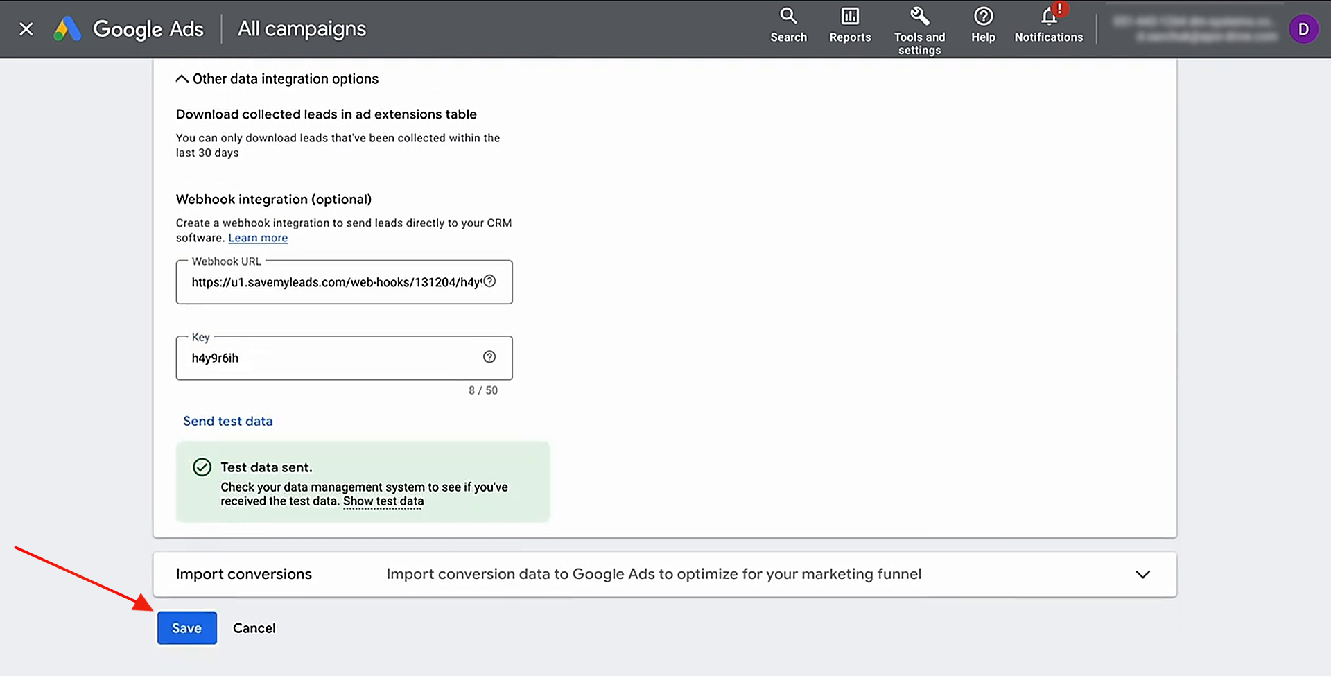 Send test data and save your updates