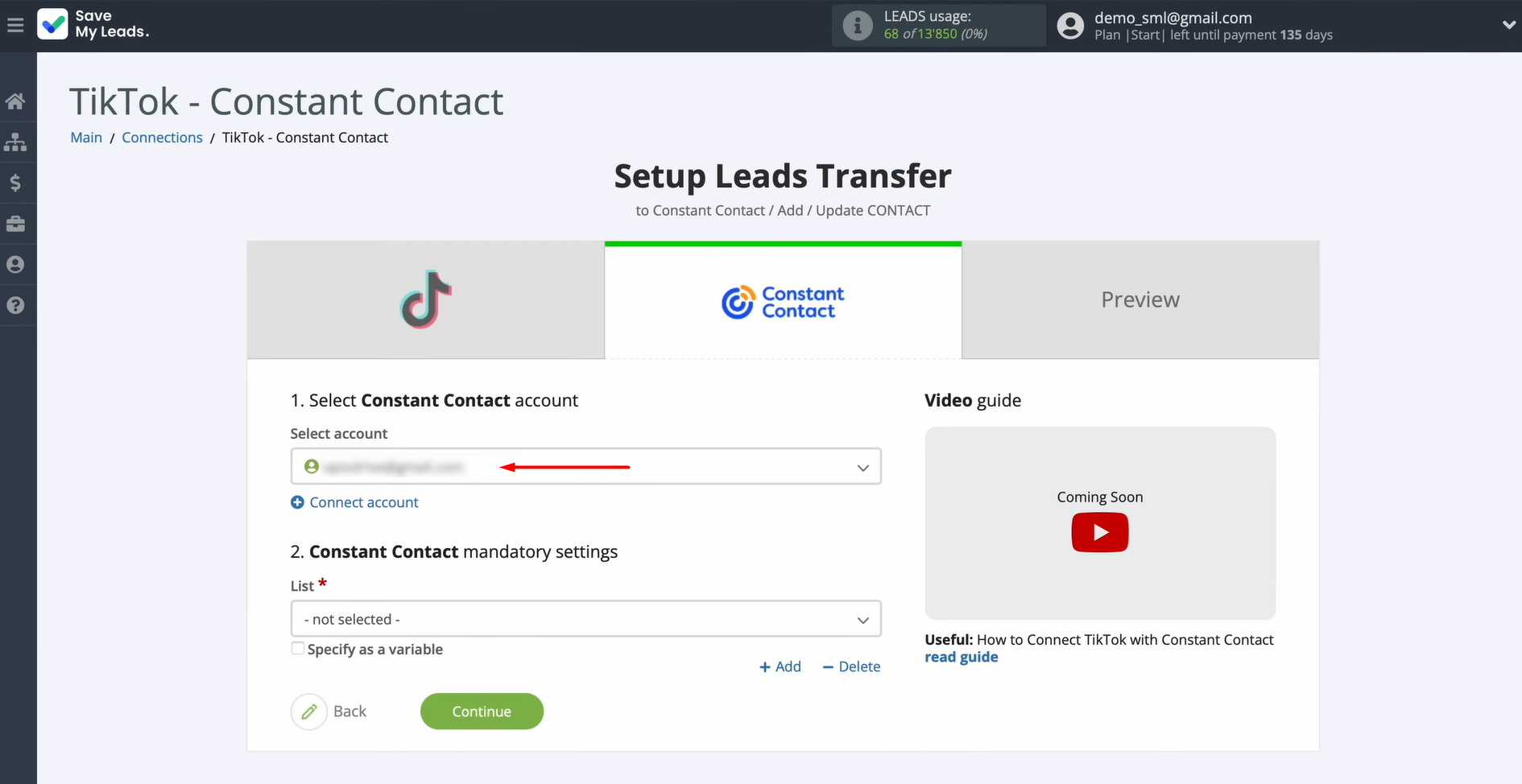 Select the connected account Select the connected account