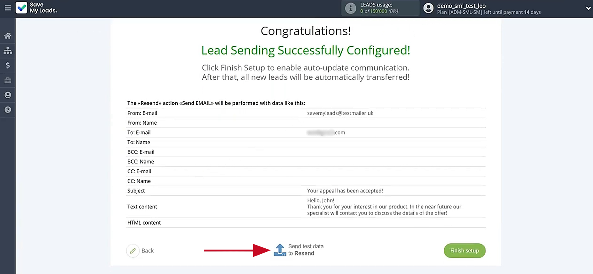 Send test data to Resend