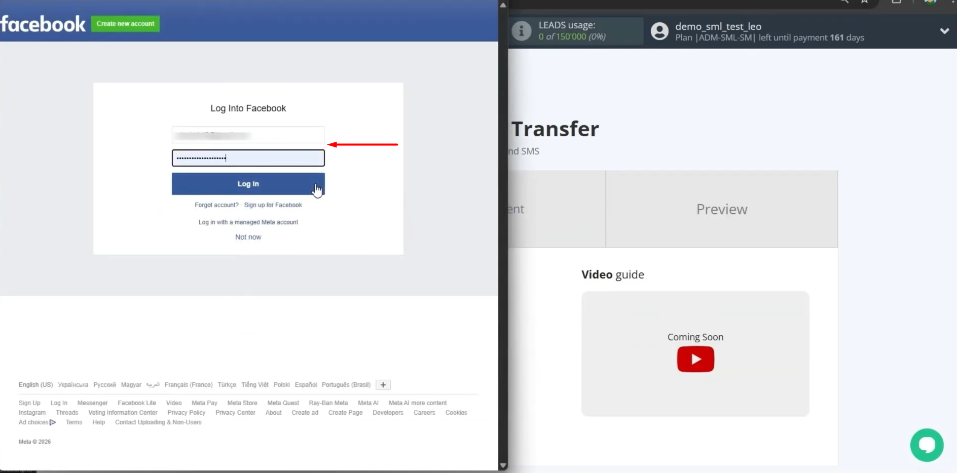 Specify the username and password of your Facebook account Specify the username and password of your Facebook account
