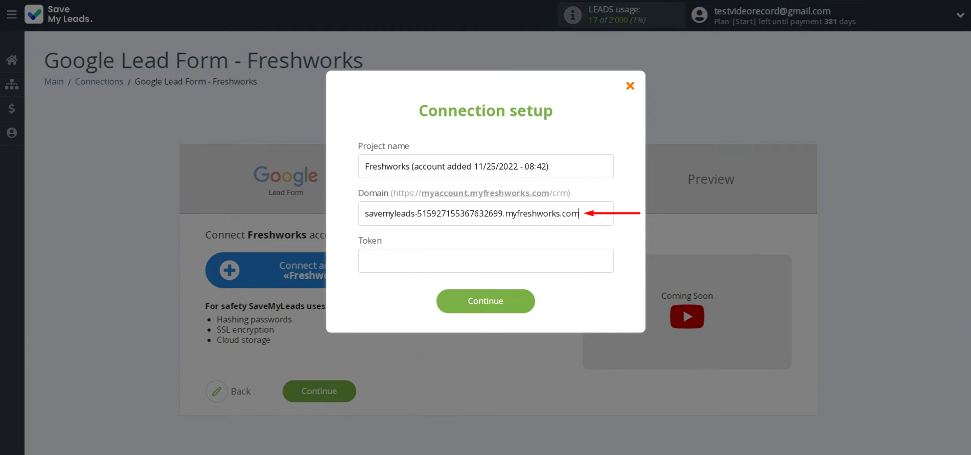Paste the copied domain into the appropriate field Paste the copied domain into the appropriate field
