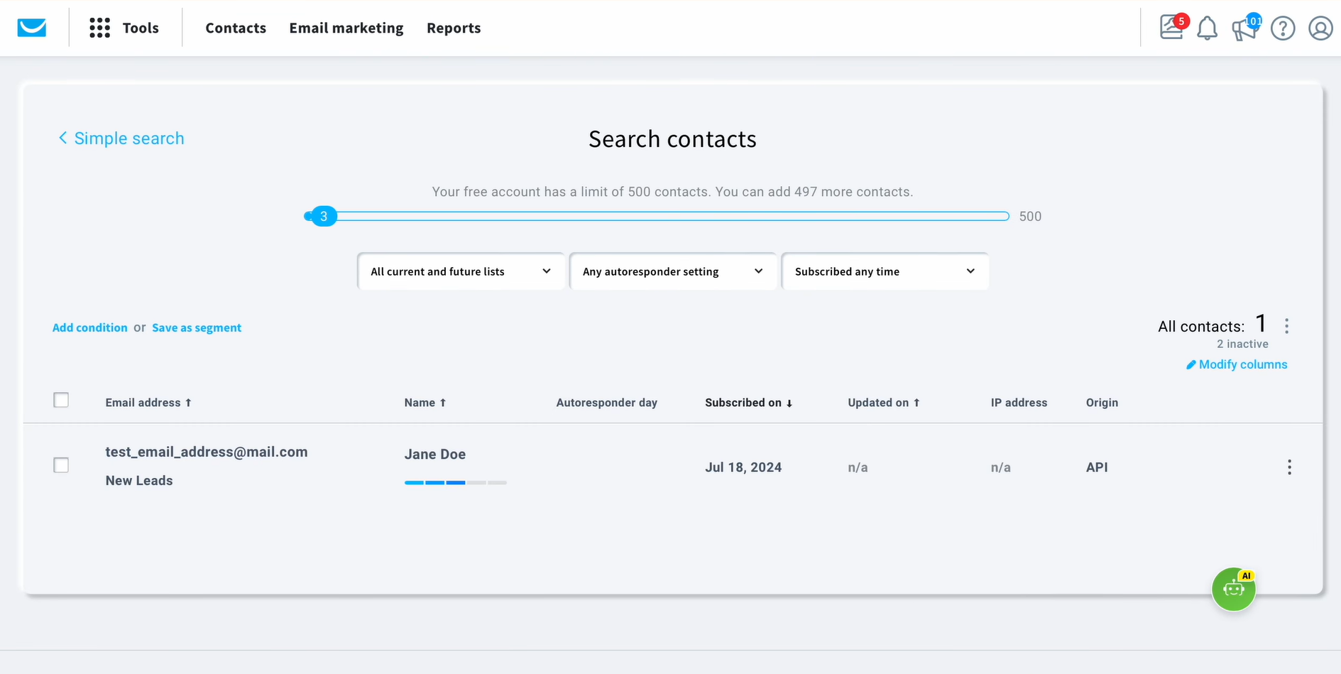 Result of the data transfer to GetResponse
