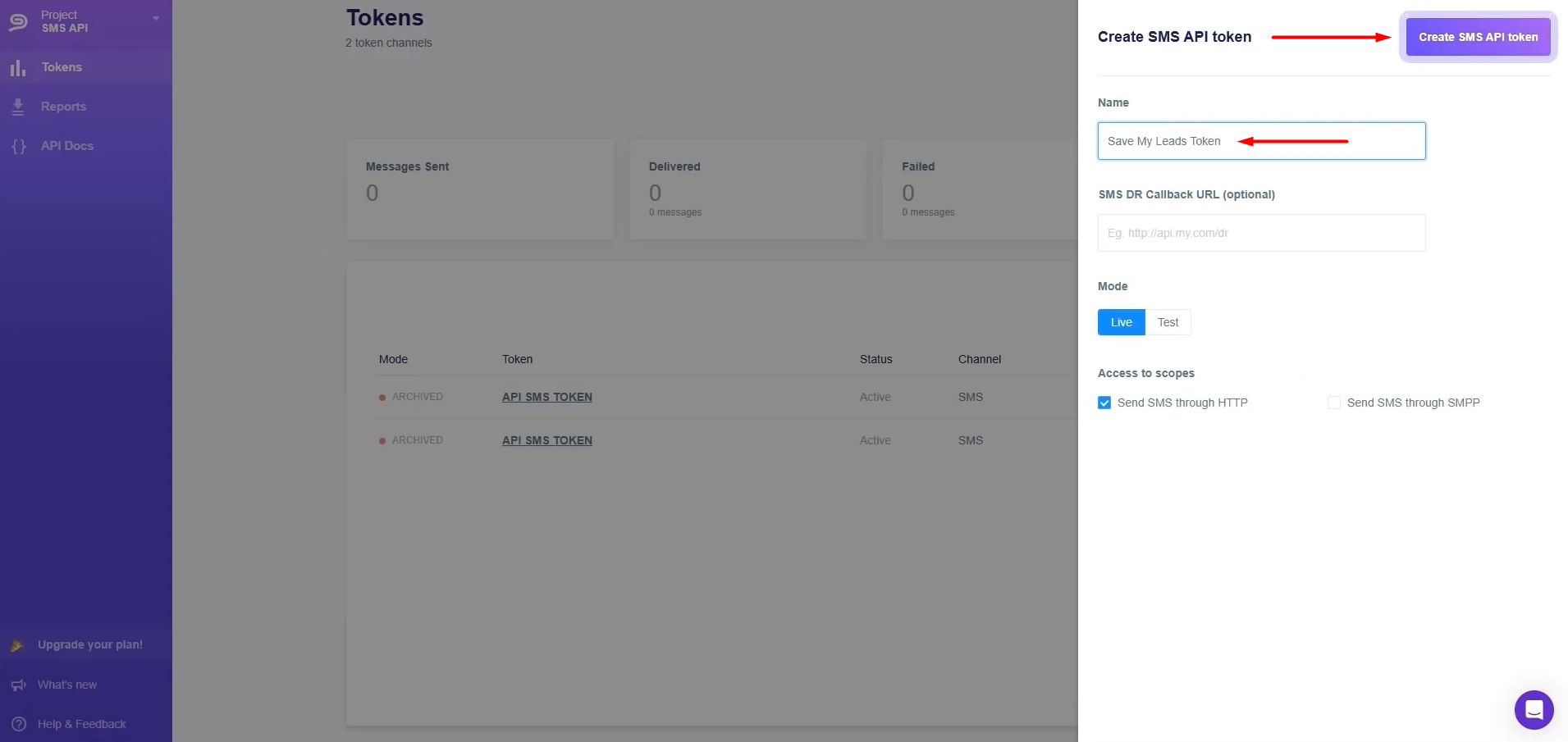 Provide a name for the token and click Create SMS API token Provide a name for the token and click Create SMS API token