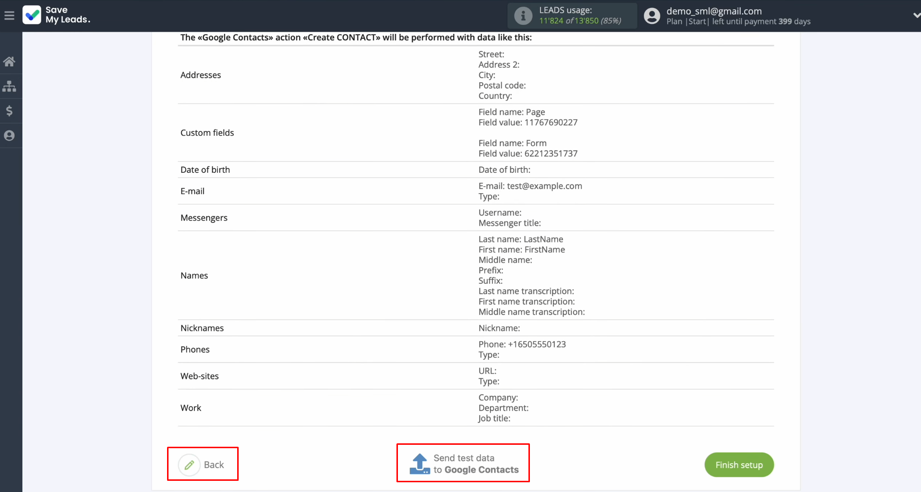 Send test data to Google Contacts Send test data to Google Contacts