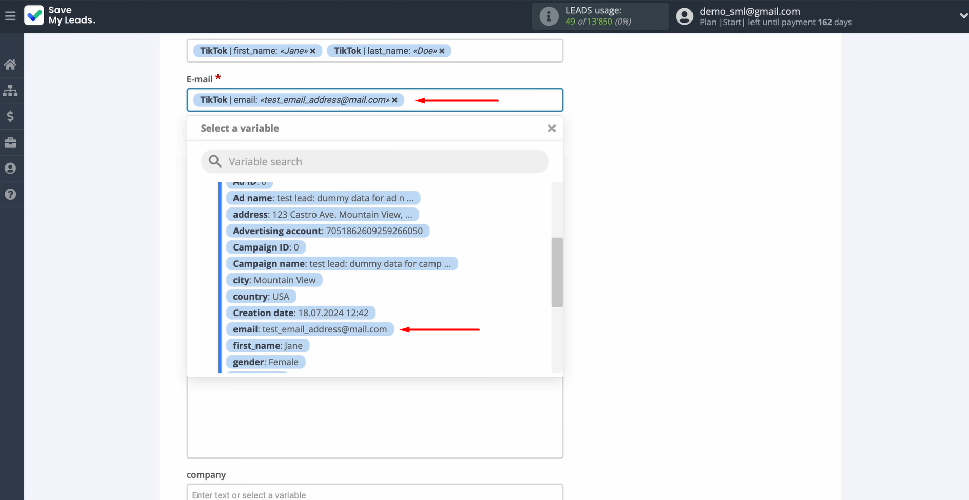 Map variables from TikTok to GetResponse fields