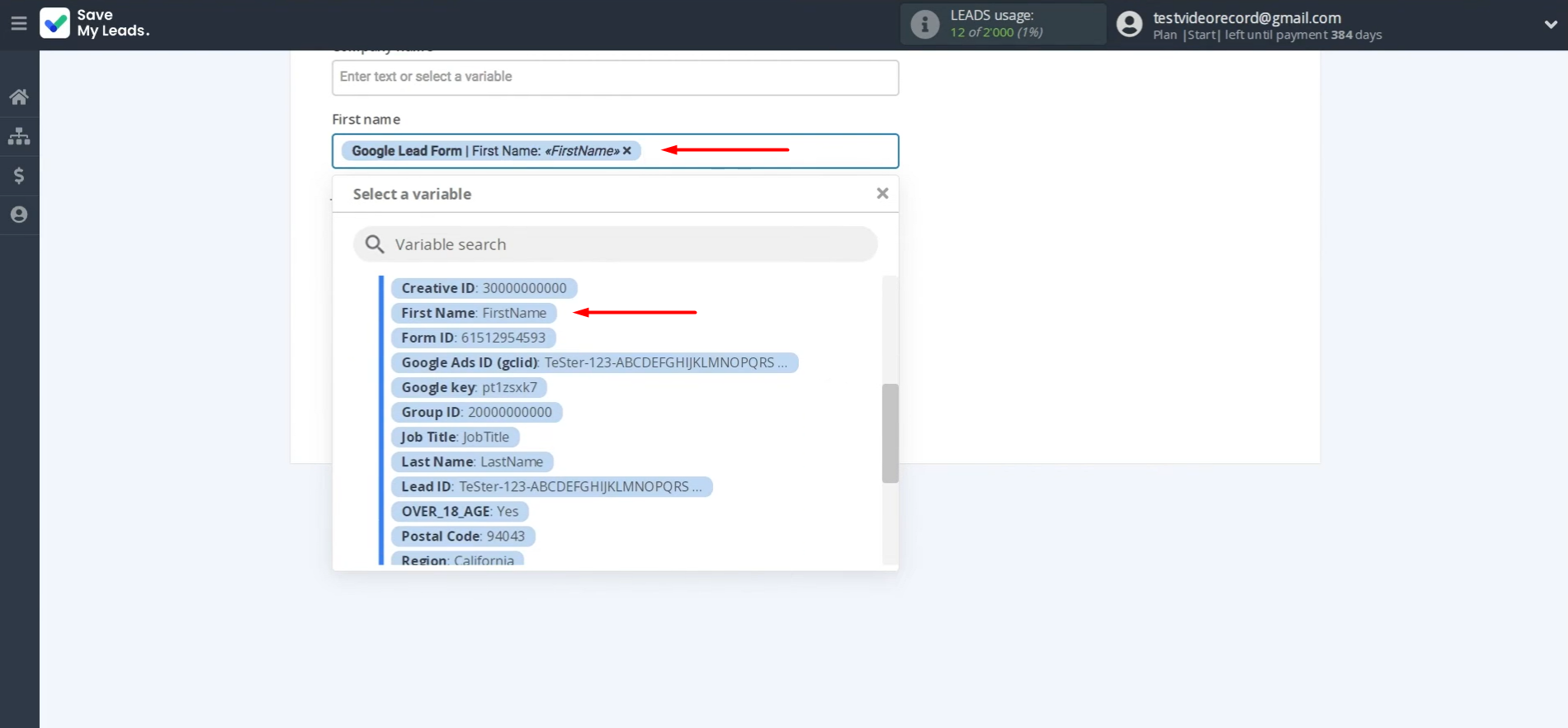 Fields where you can assign variables from the Google Lead Form Fields where you can assign variables from the Google Lead Form