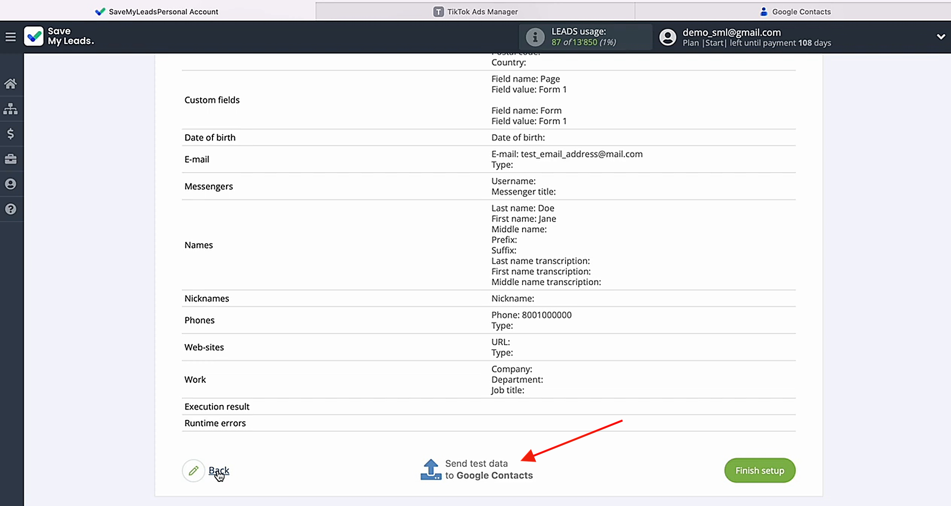 Send test data to Google Contacts