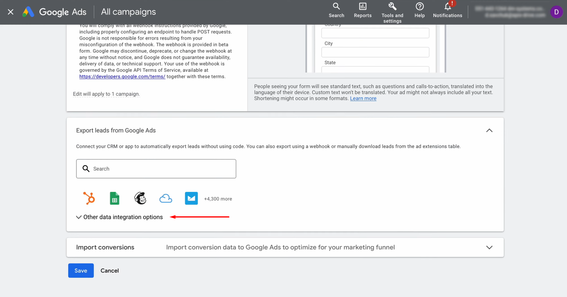 Open the Other data integration options section Open the Other data integration options section