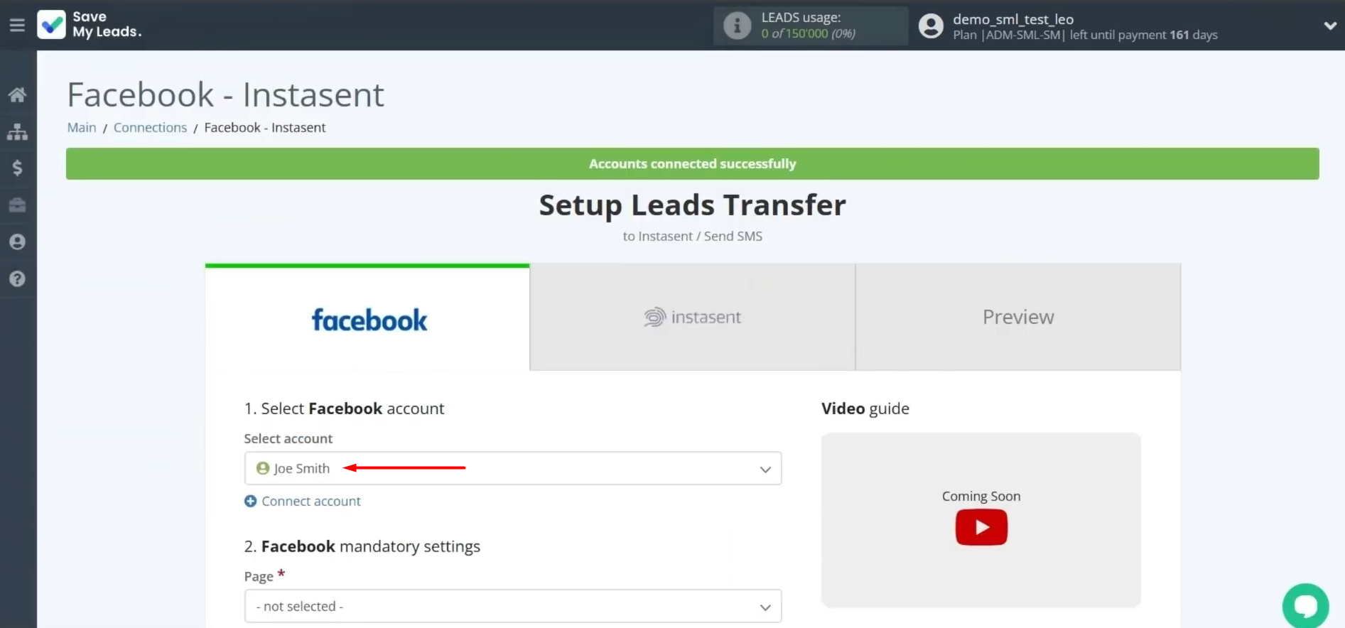 Select the connected Facebook account Select the connected Facebook account