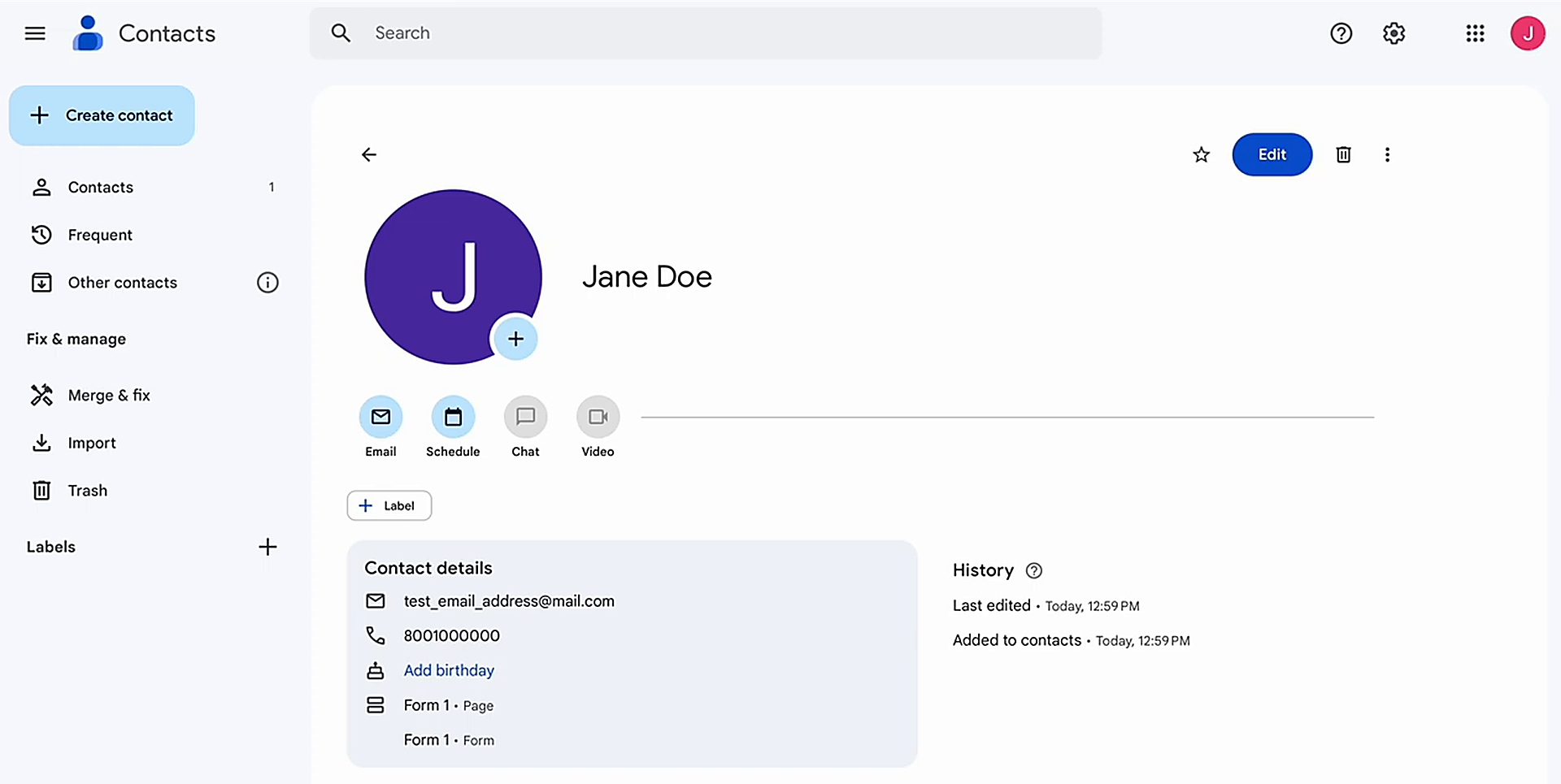Result of the data transfer to Google Contacts