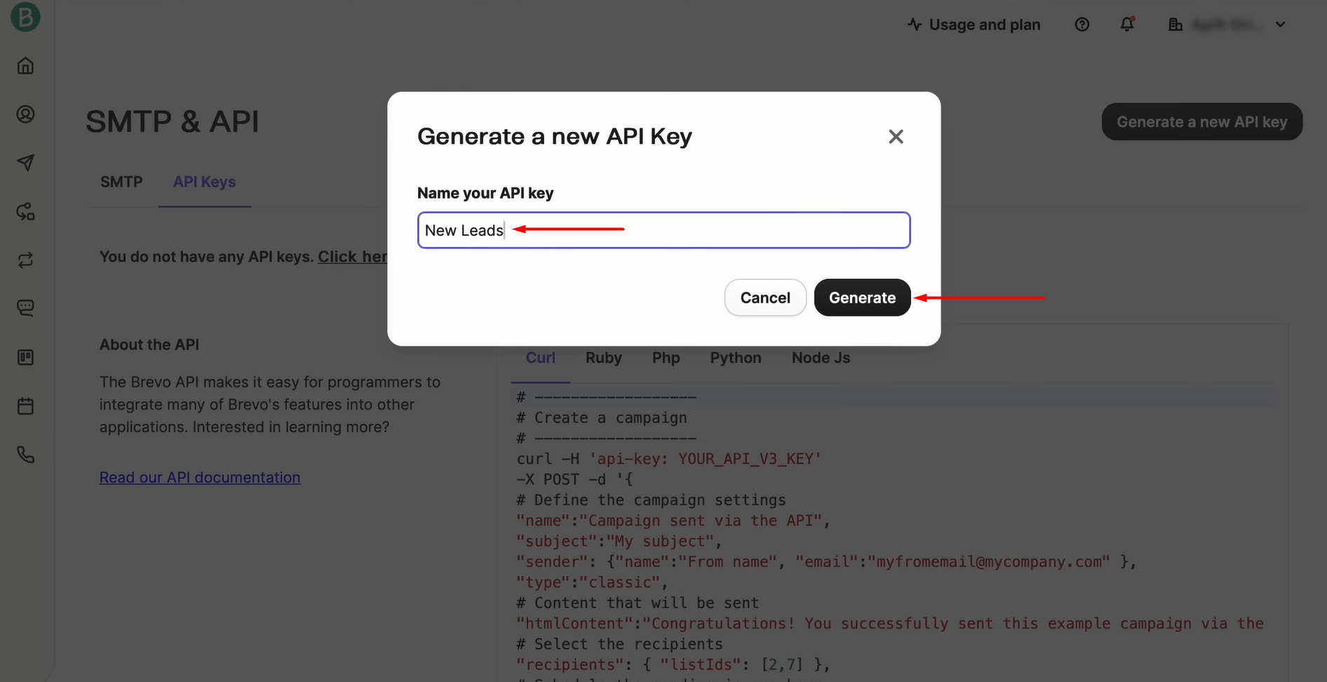 Give the key a recognizable name and click Generate