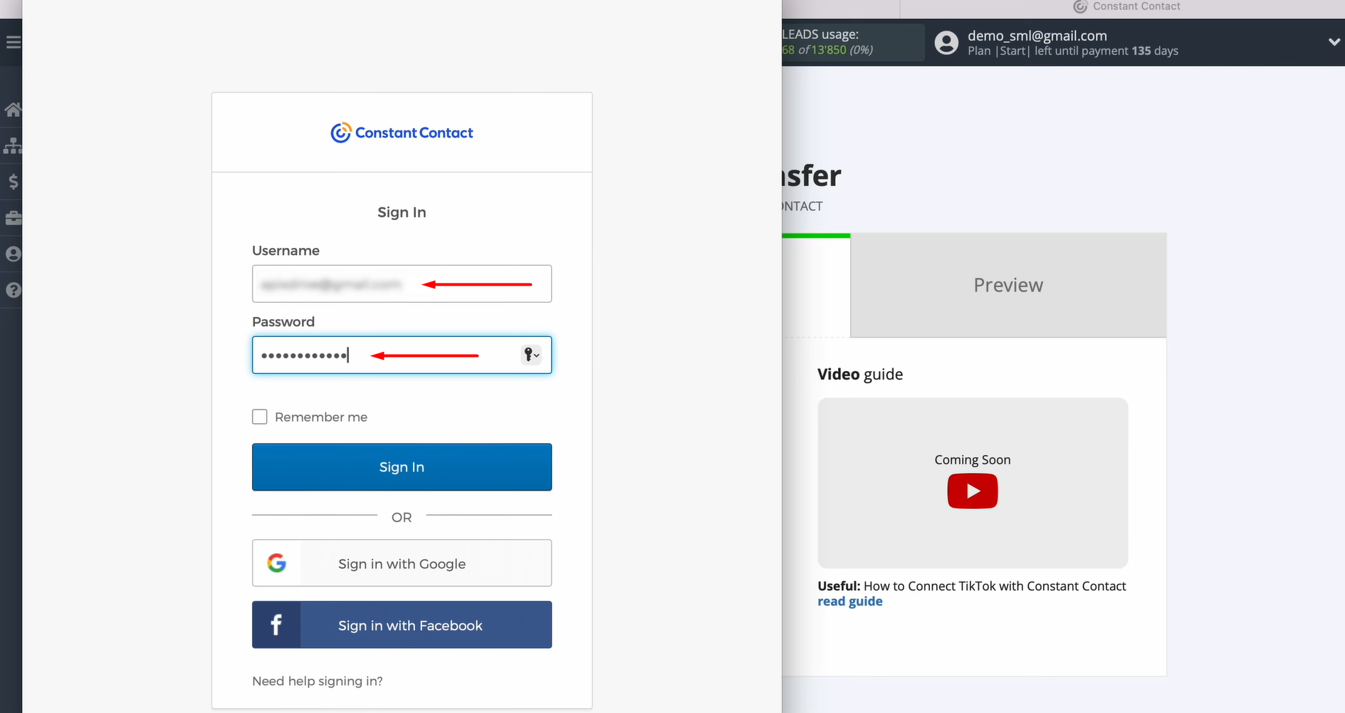 Specify the login and password of your Constant Contact account Specify the login and password of your Constant Contact account