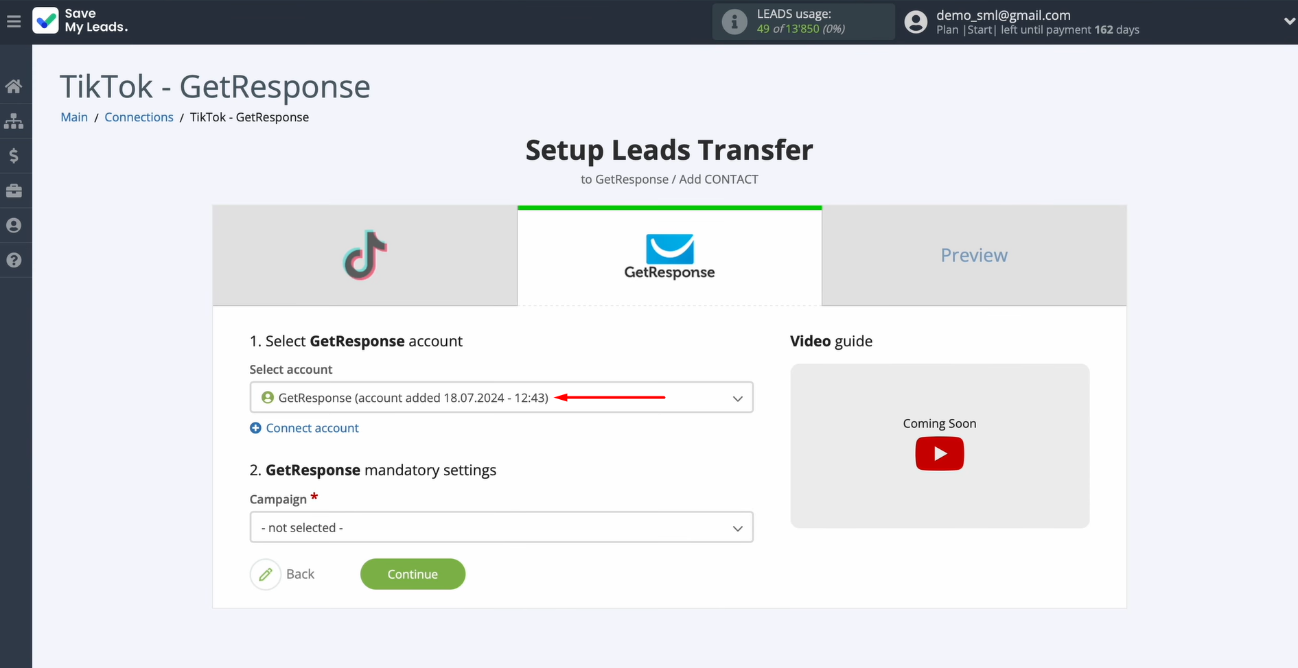 Select the connected account
