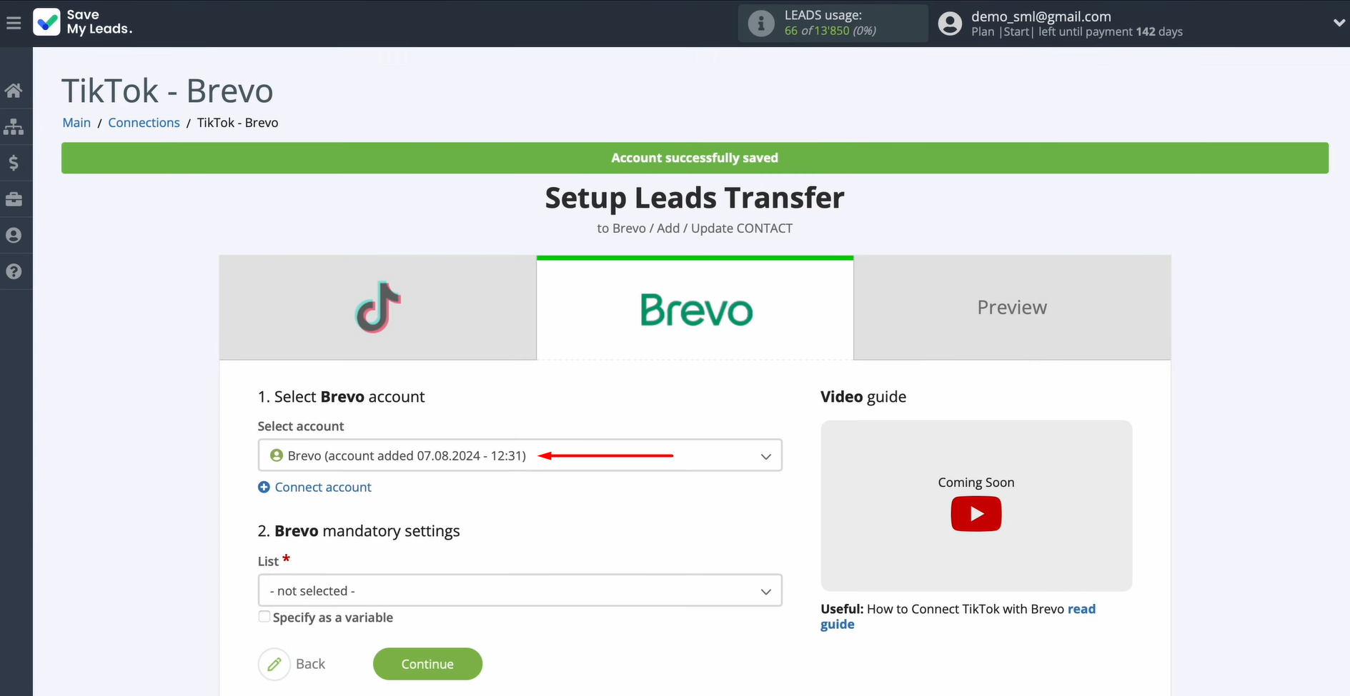 Select the connected account