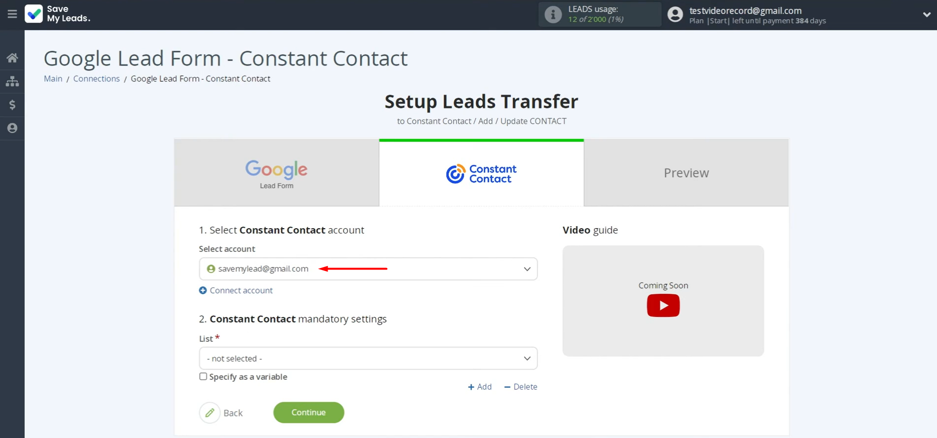 Select the connected account Select the connected account