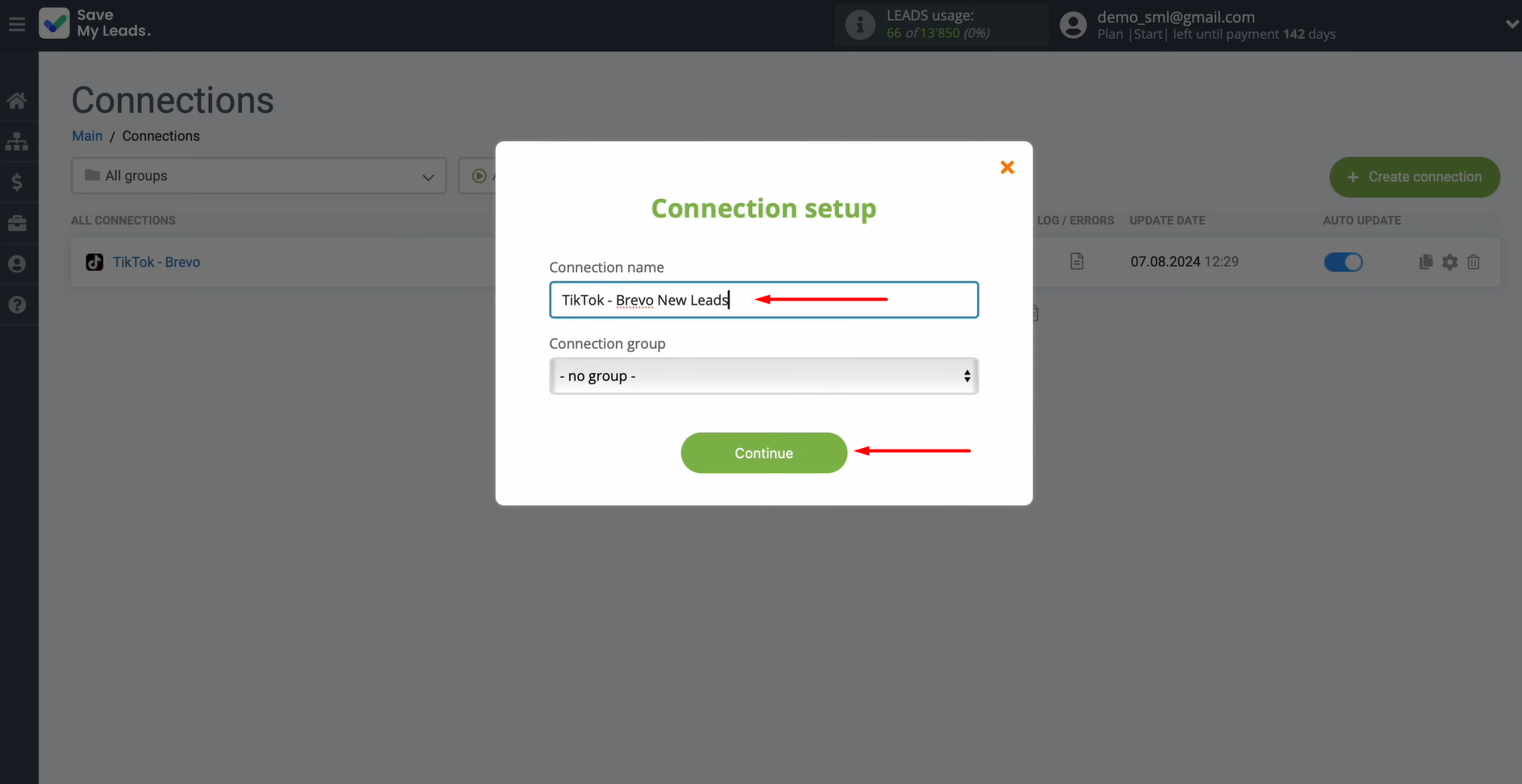 Give the connection a custom name and click Continue