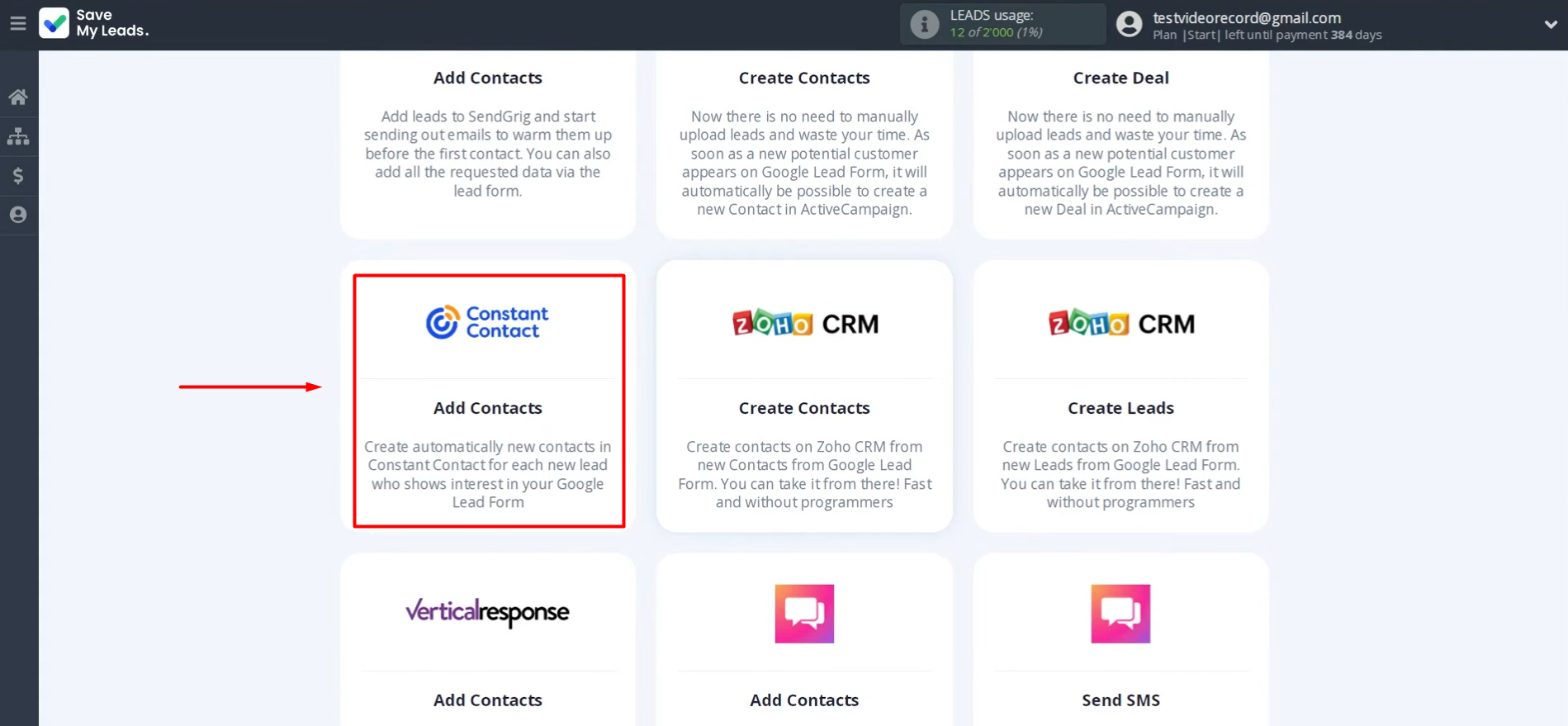 Choose Constant Contact (Add Contacts) Choose Constant Contact (Add Contacts)