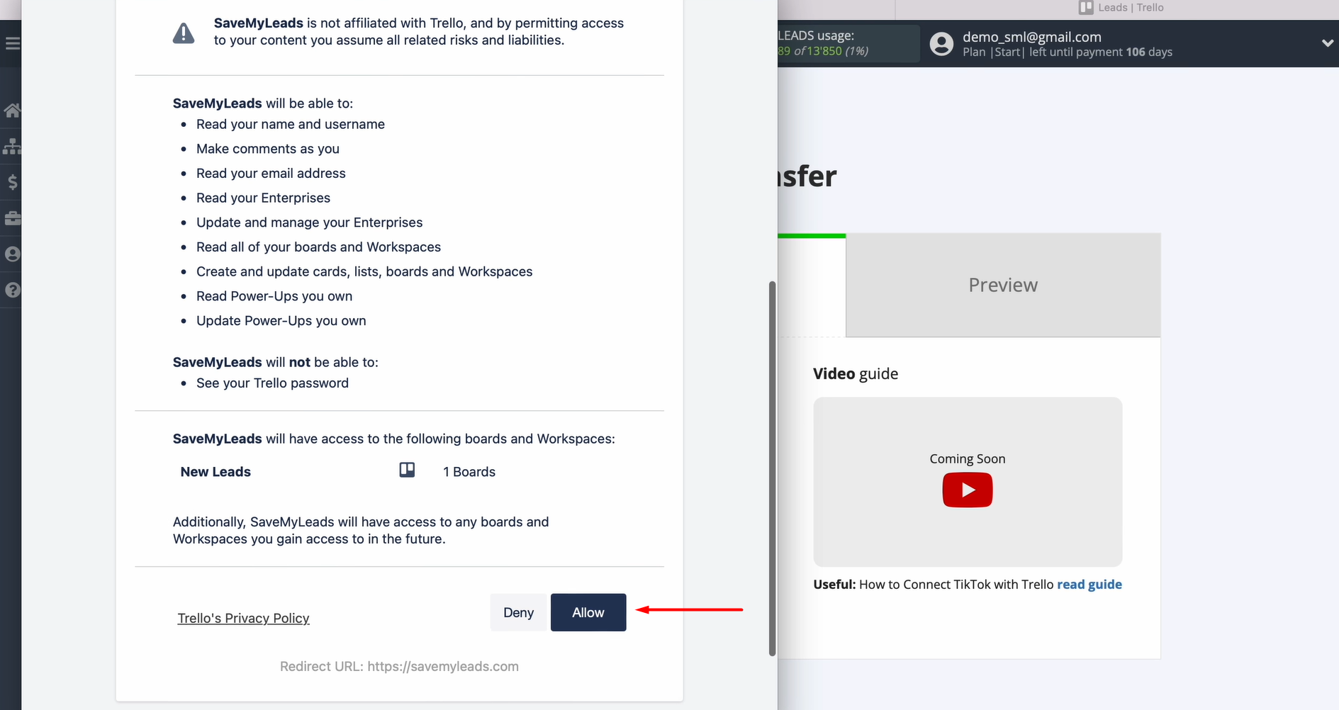 Grant SaveMyLeads permission to work with your Trello account Grant SaveMyLeads permission to work with your Trello account
