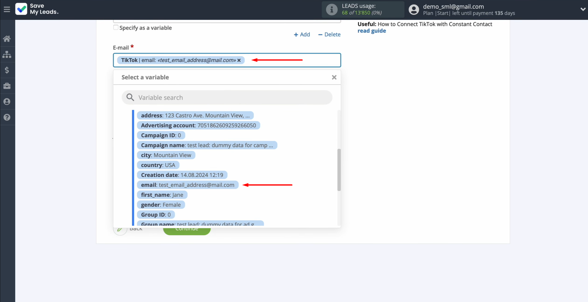 Click in the field and select a variable from the dropdown list Click in the field and select a variable from the dropdown list