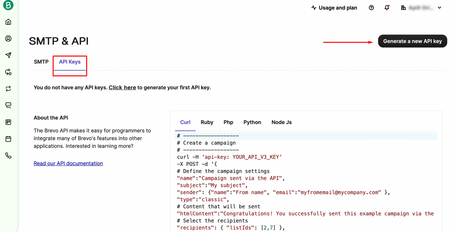 Open the API Keys tab and hit Generate a new API key