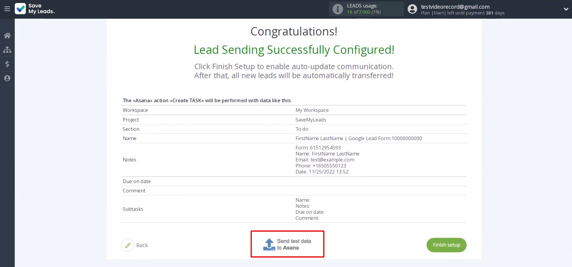 Send test data to Asana to verify the settings Send test data to Asana to verify the settings