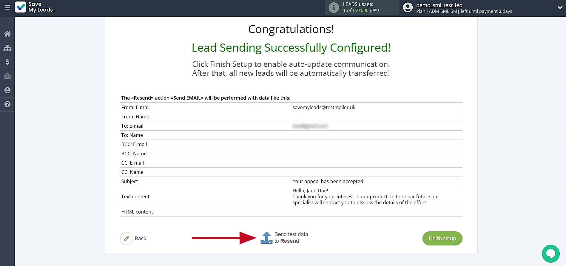 Send test data to Resend Send test data to Resend