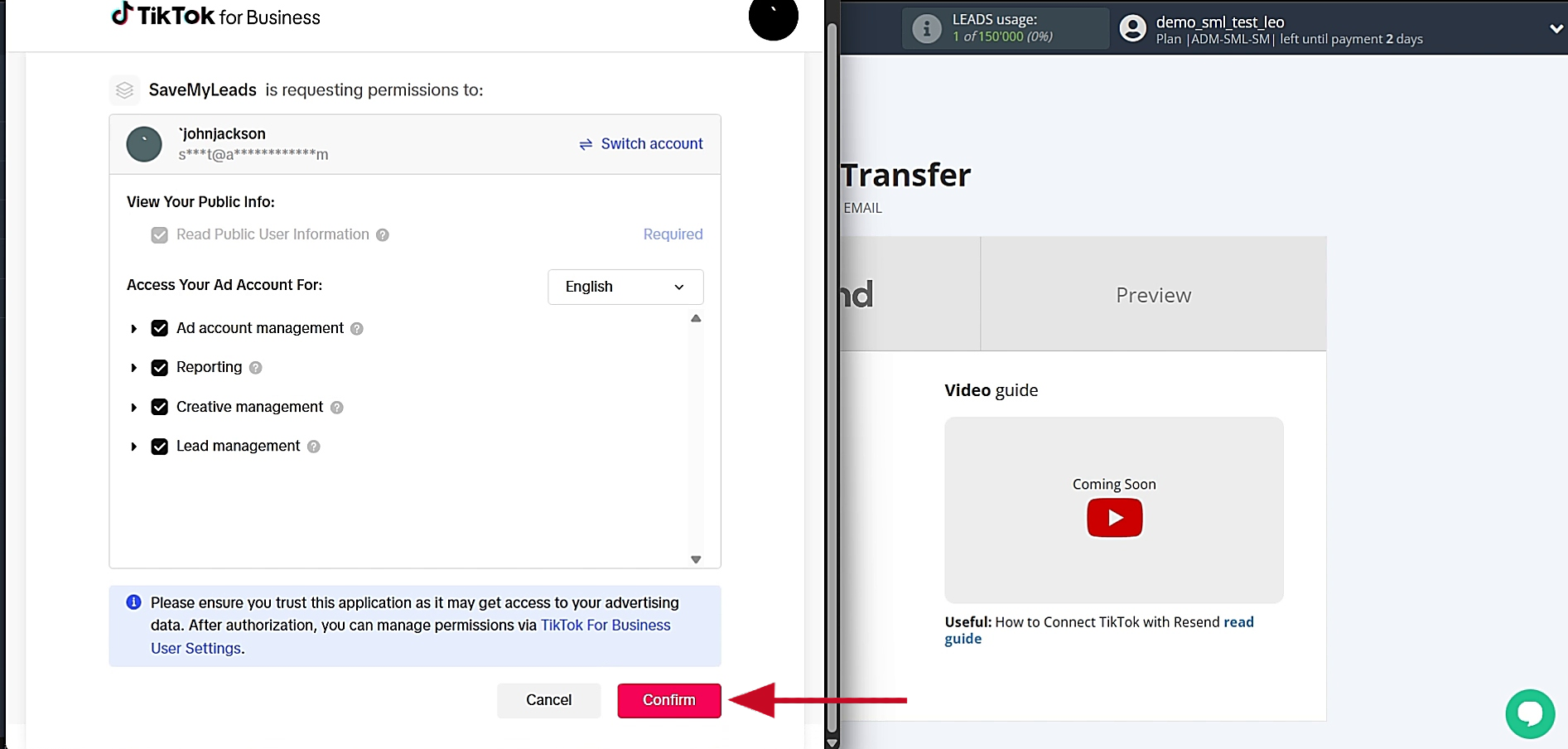 Allow SaveMyLeads access to your TikTok account Allow SaveMyLeads access to your TikTok account