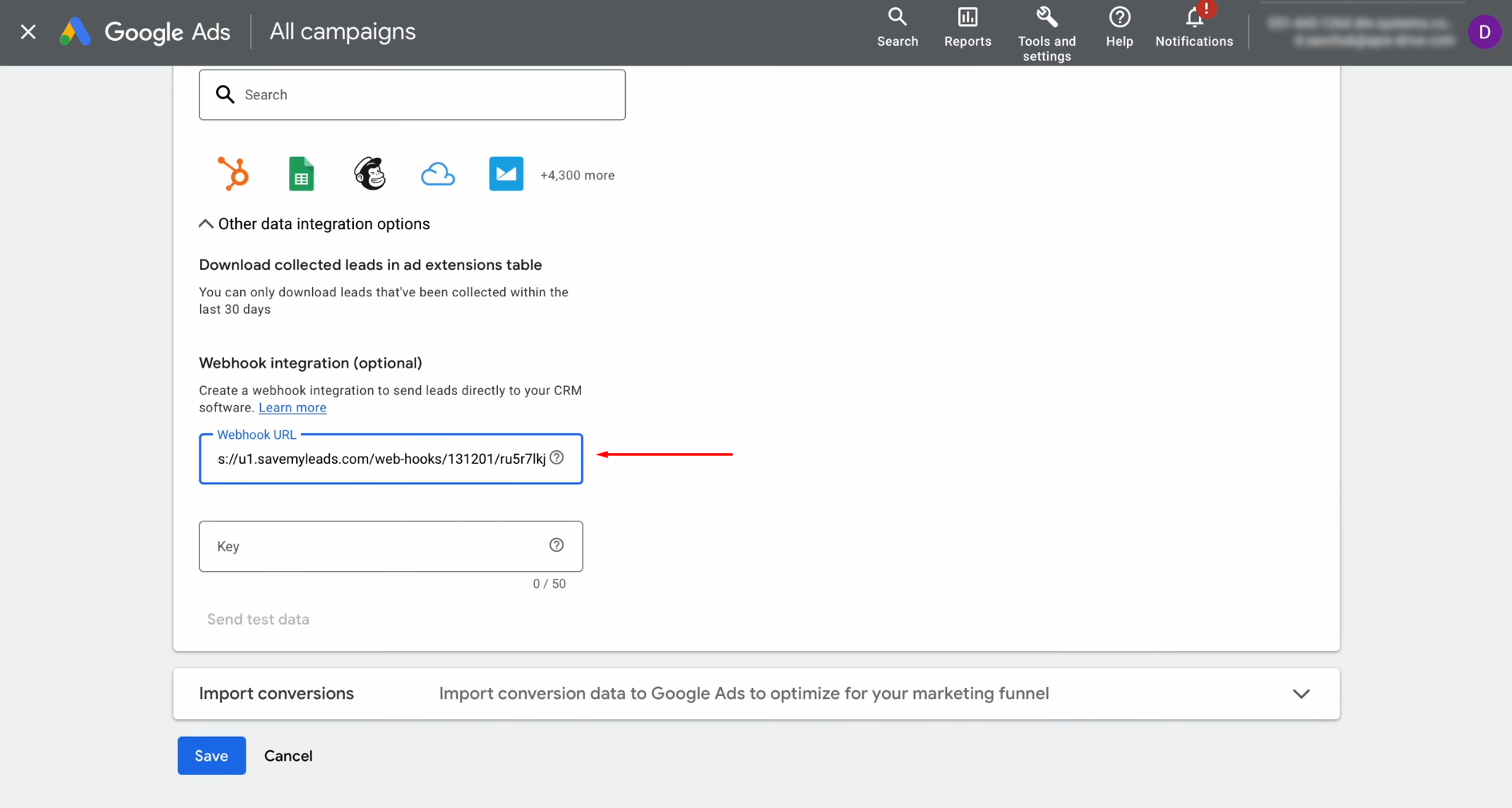 Paste the copied URL into the "Webhook" field Paste the copied URL into the "Webhook" field