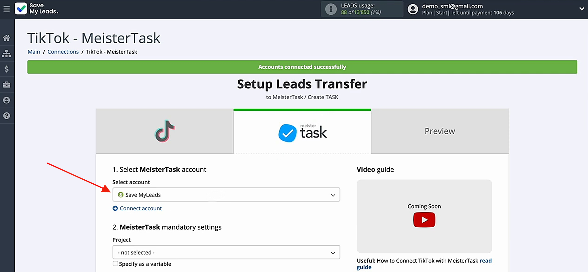 Select the connected account Select the connected account