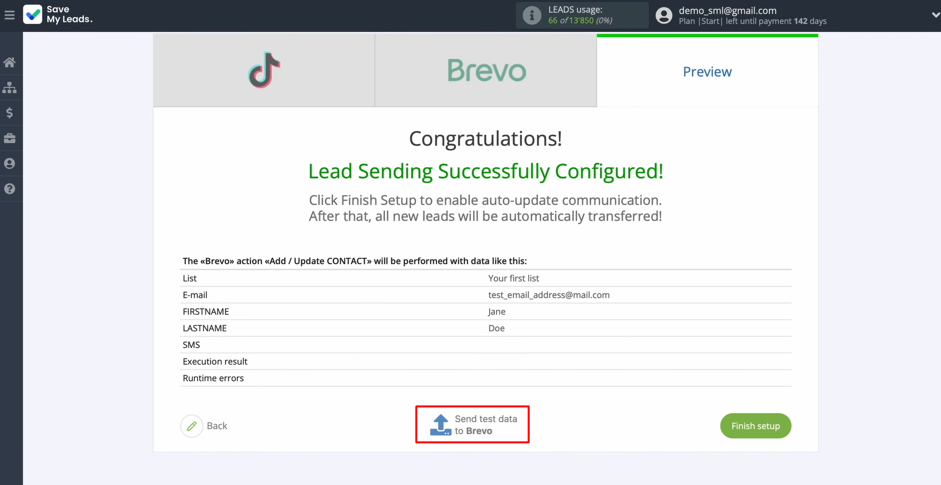 Send test data to Brevo