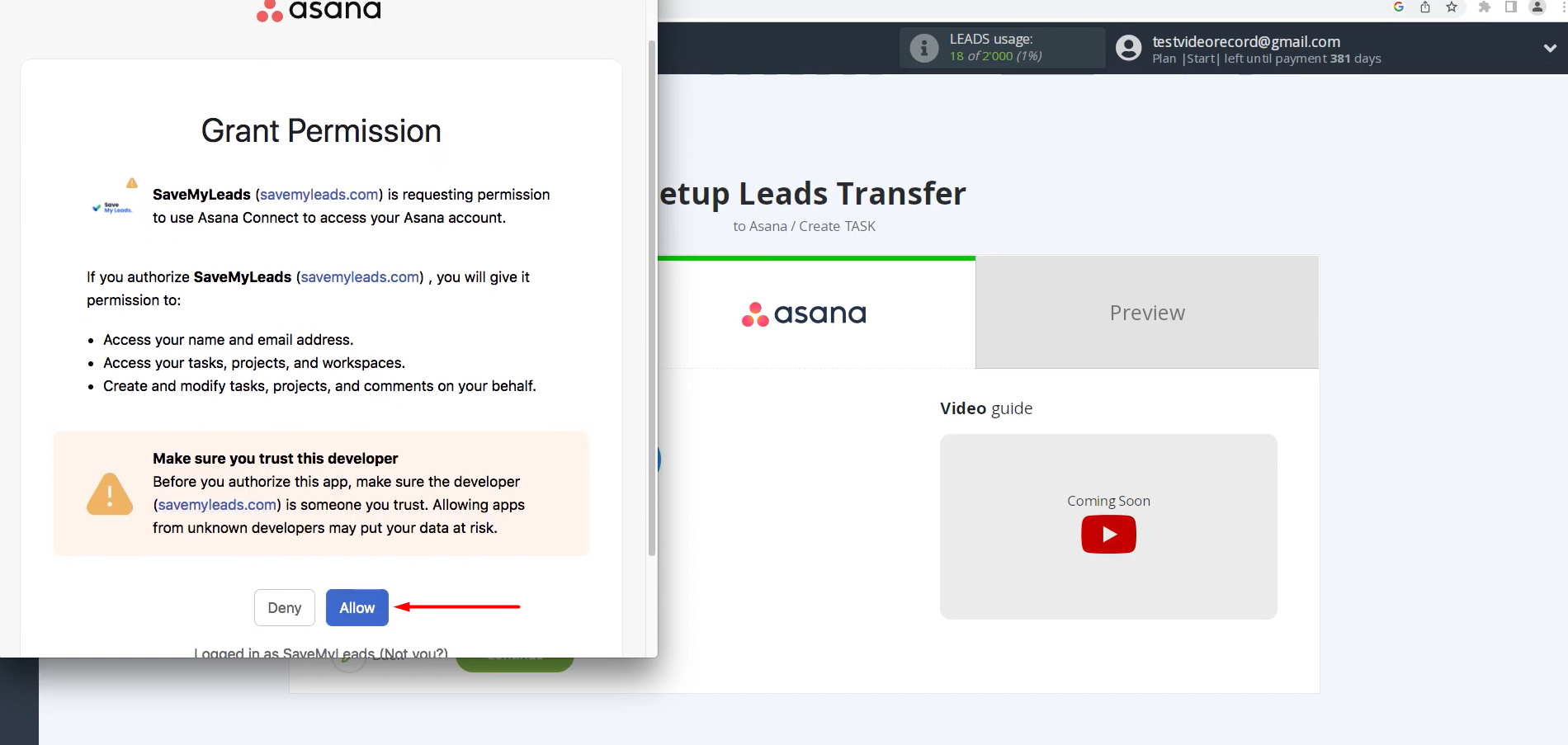 Give SaveMyLeads permission to work with your account Give SaveMyLeads permission to work with your account