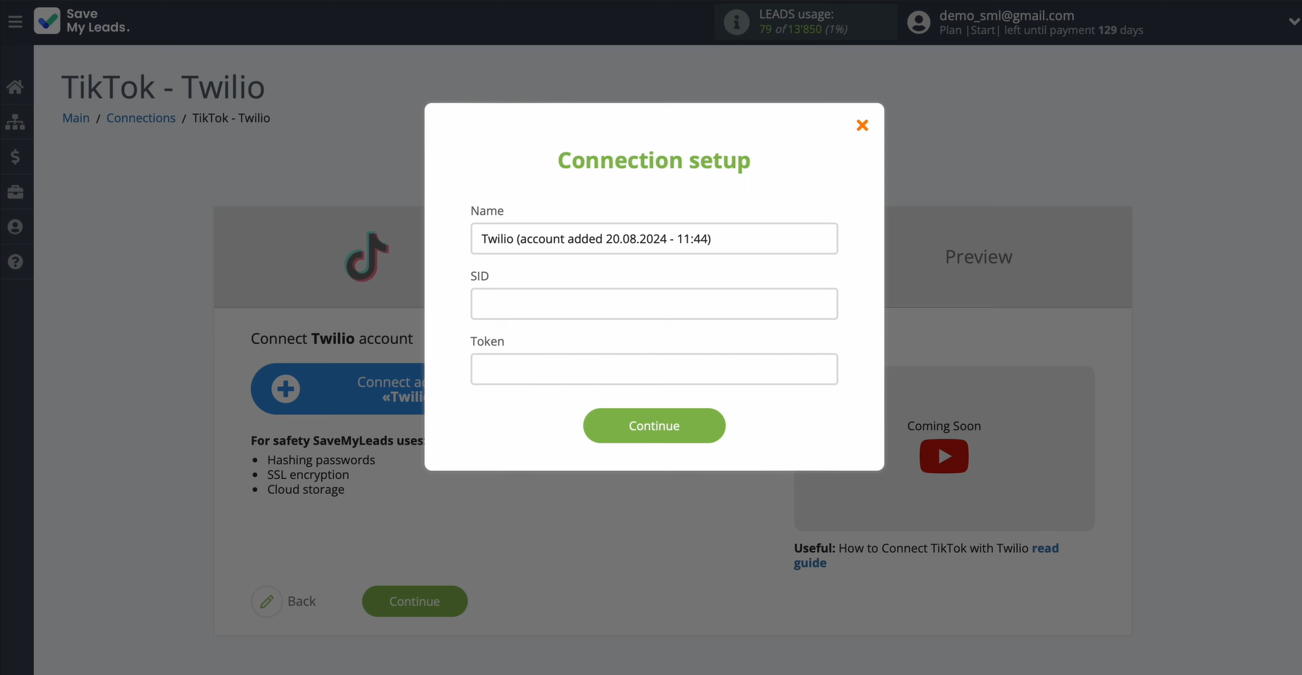 Specify the SID and Token
