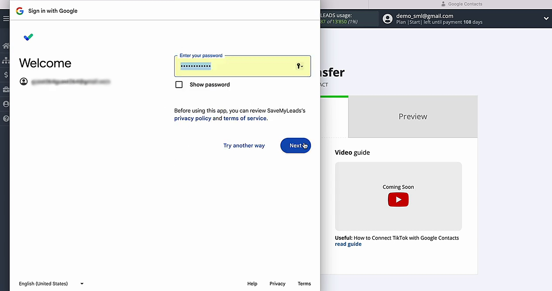 Enter the login and password for your Google Contacts account
