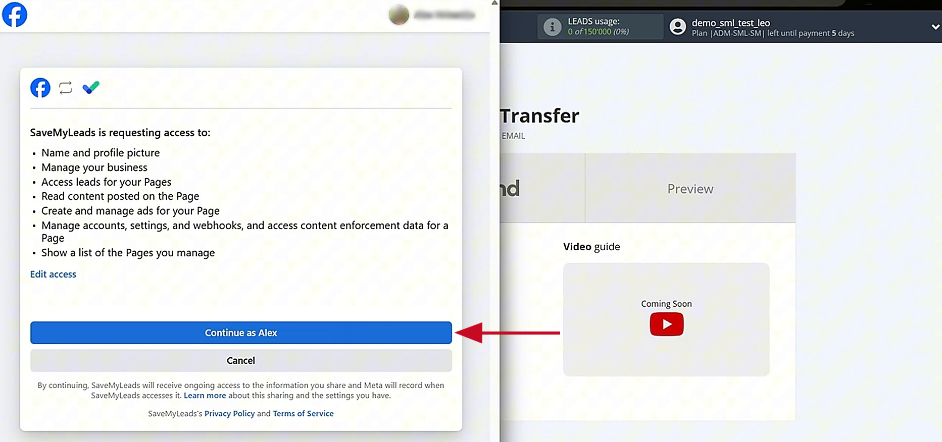Grant SaveMyLeads permission to access your Facebook account
