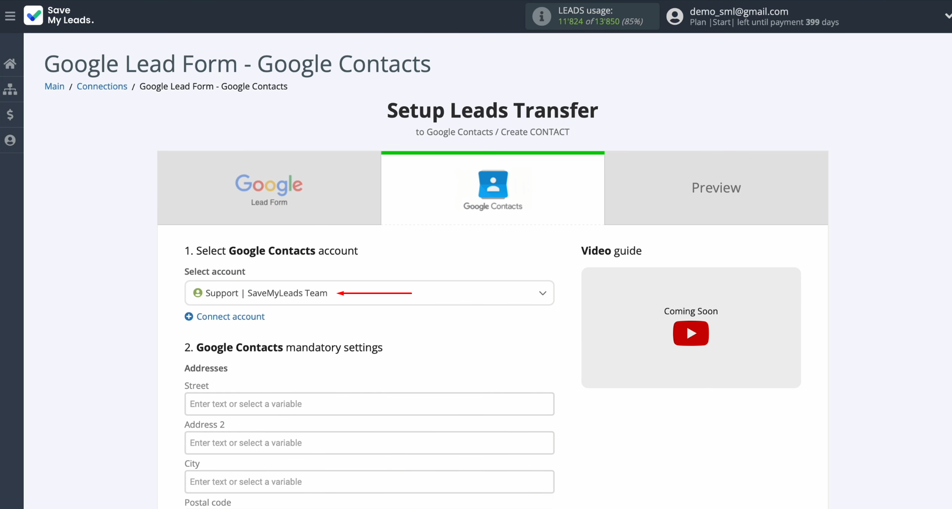 Select the connected account Select the connected account