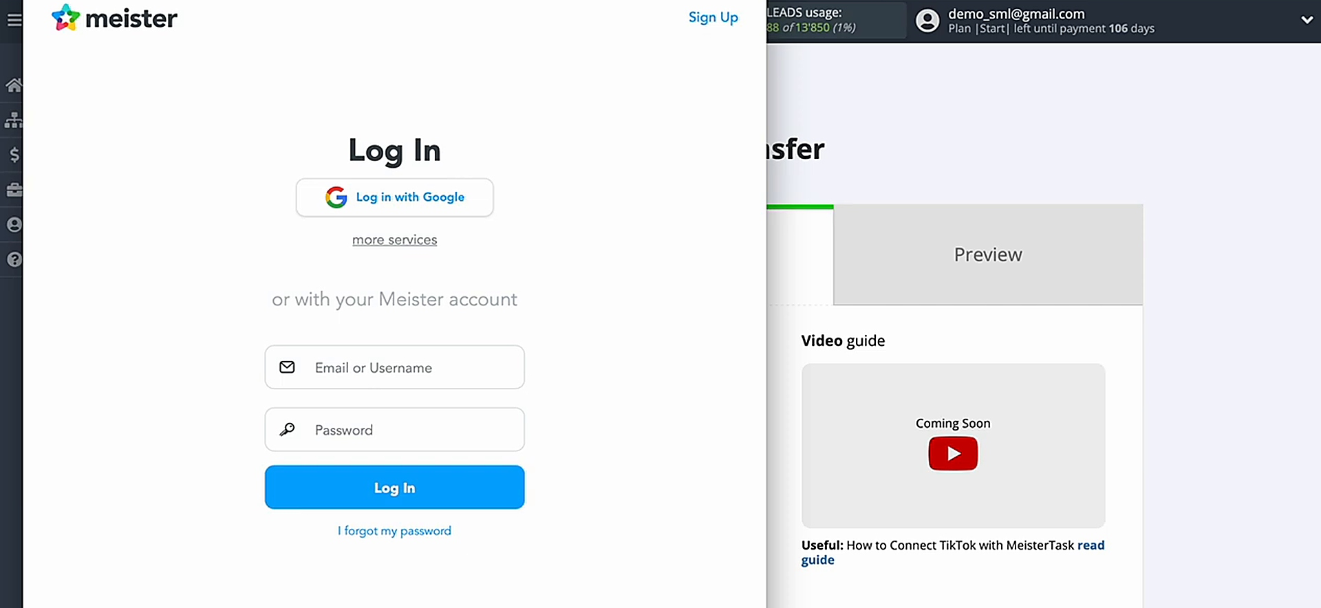 Enter your MeisterTask account credentials Enter your MeisterTask account credentials