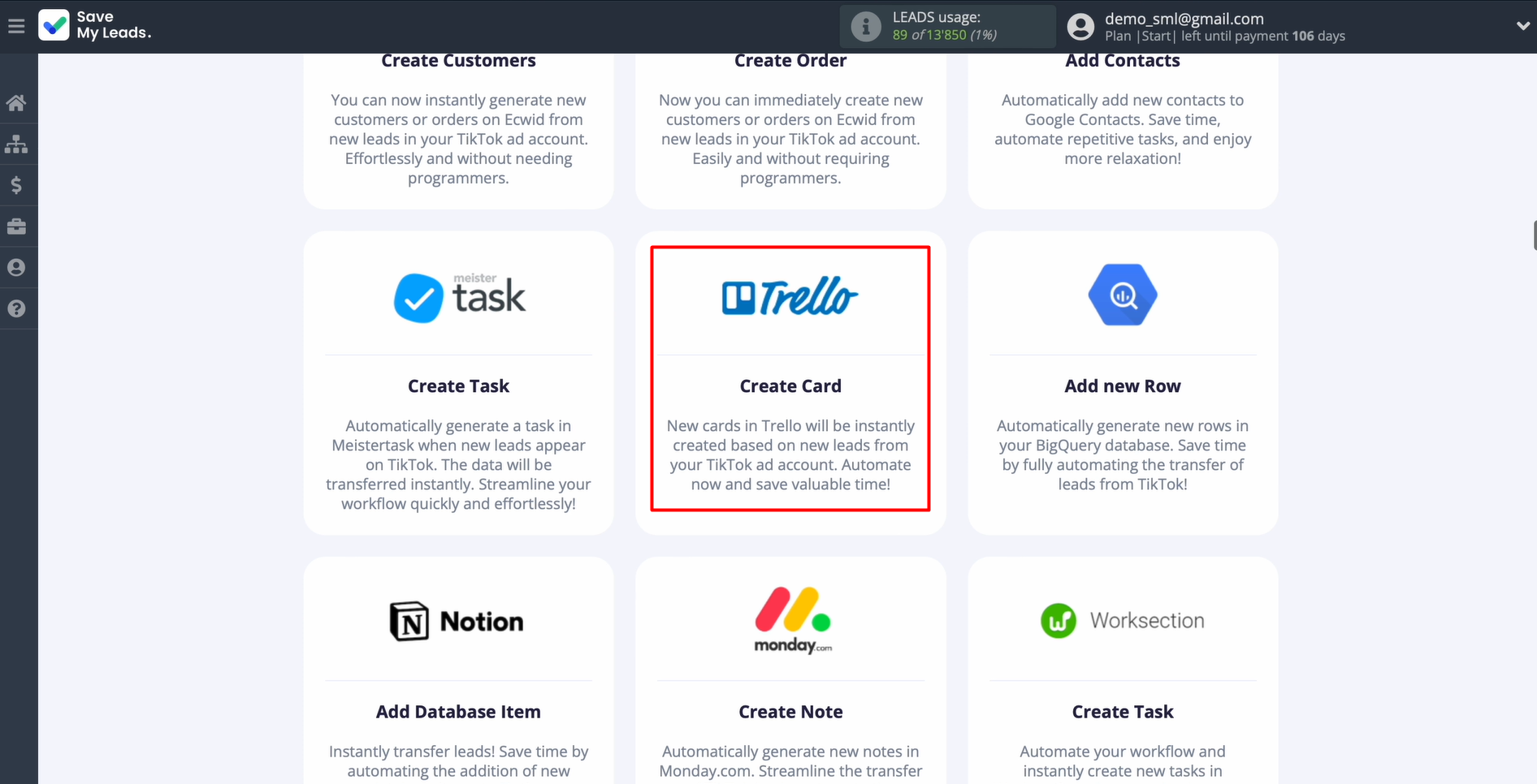 Choose Trello as the data receiver Choose Trello as the data receiver