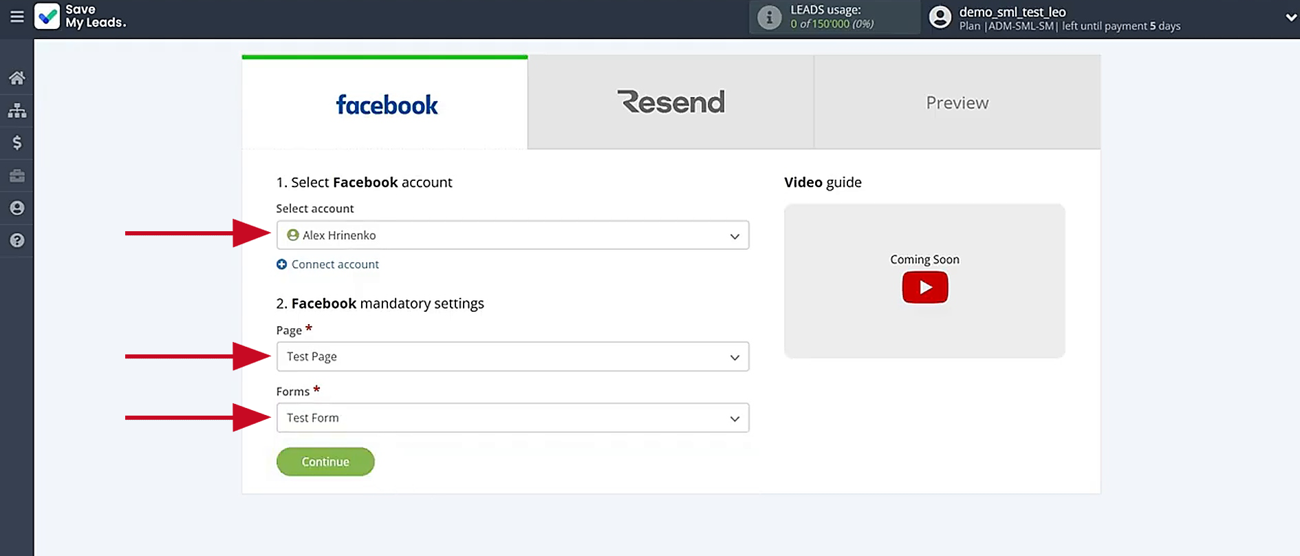 Select the connected account, advertising page and form