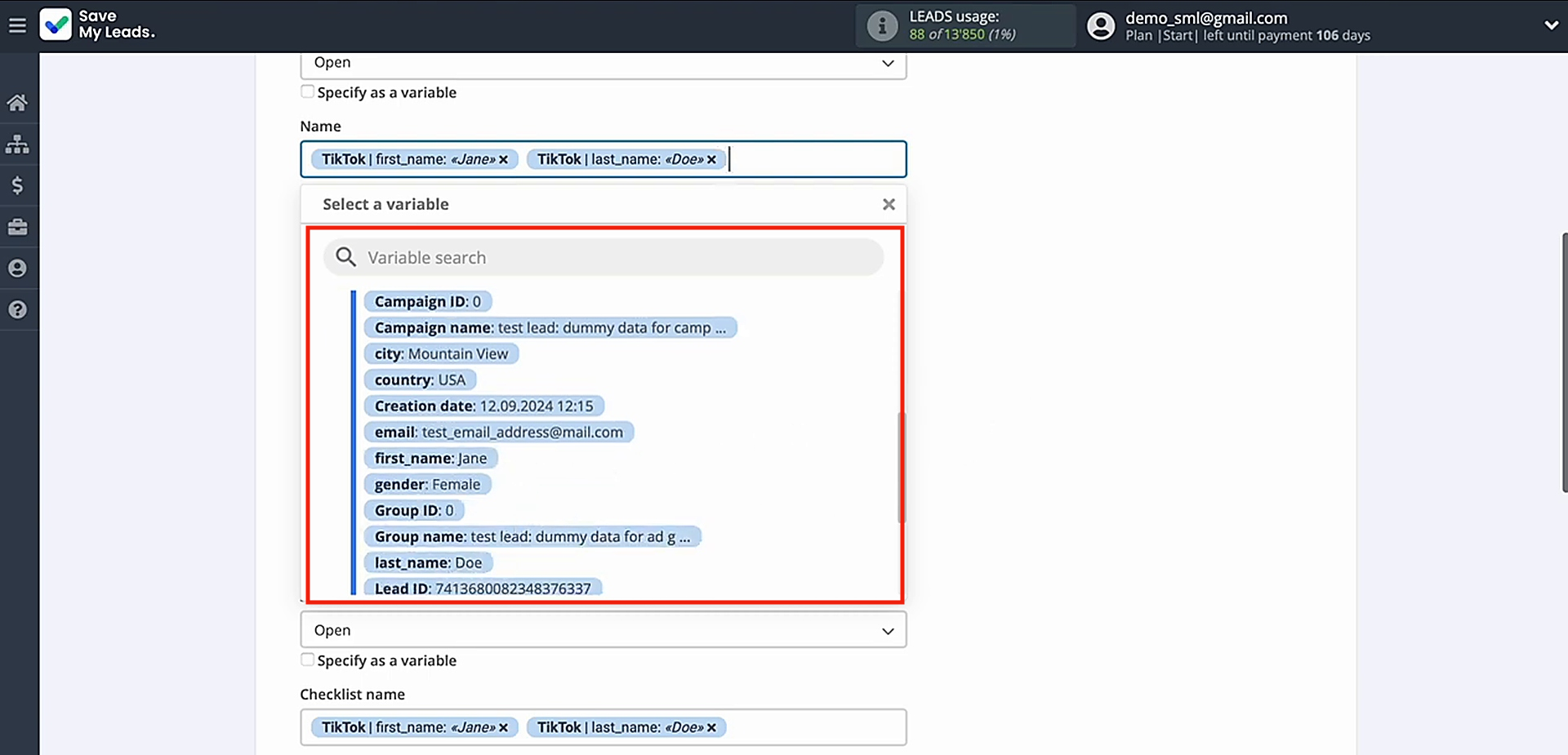Click in the field and pick the variable from the dropdown Click in the field and pick the variable from the dropdown
