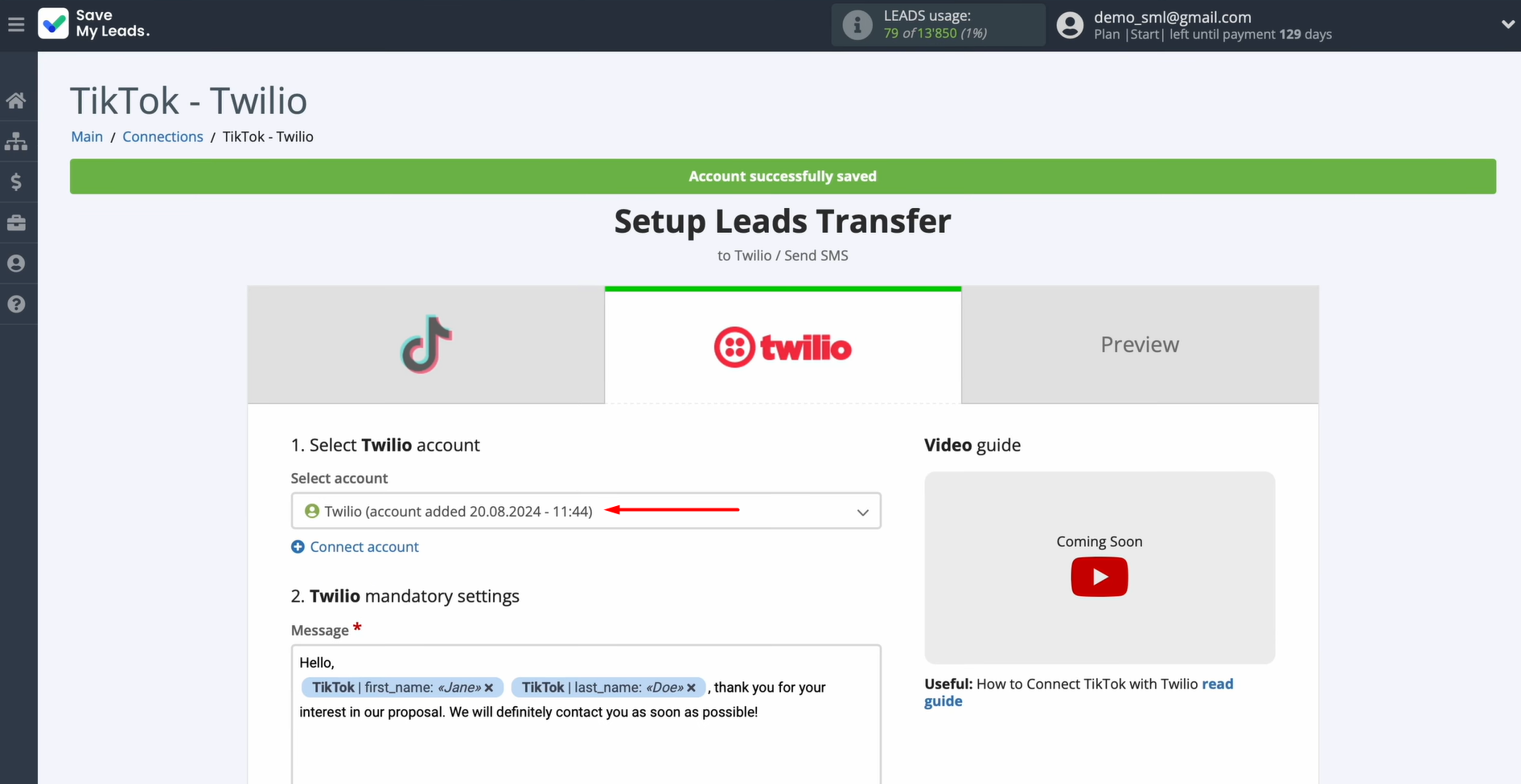 Select the connected account