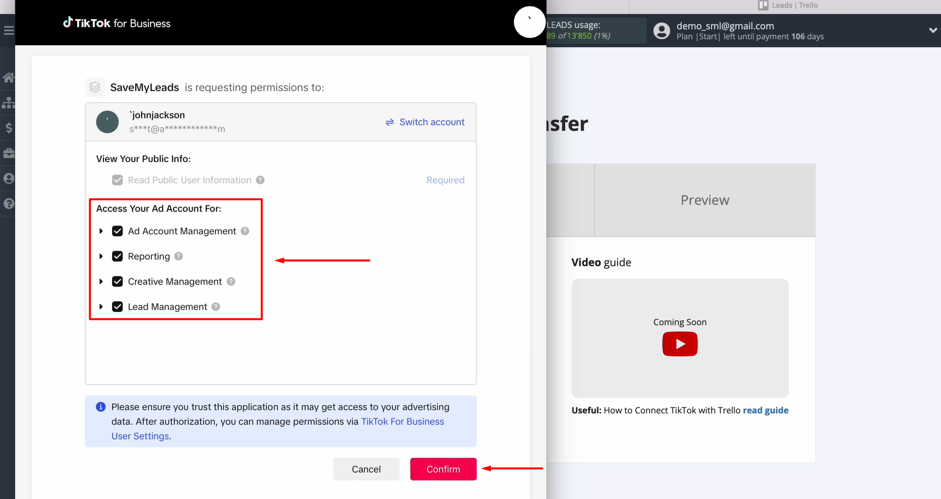 Give SaveMyLeads access to work with your TikTok account Give SaveMyLeads access to work with your TikTok account