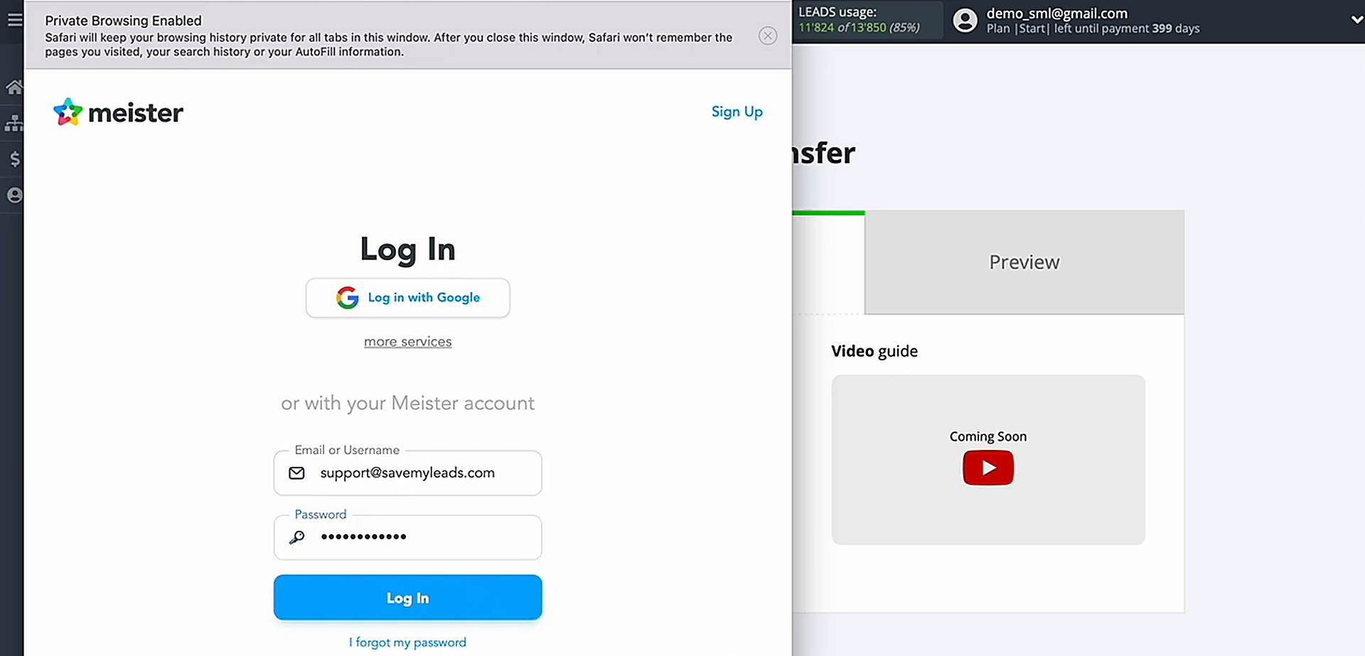 Enter your MeisterTask email address and password